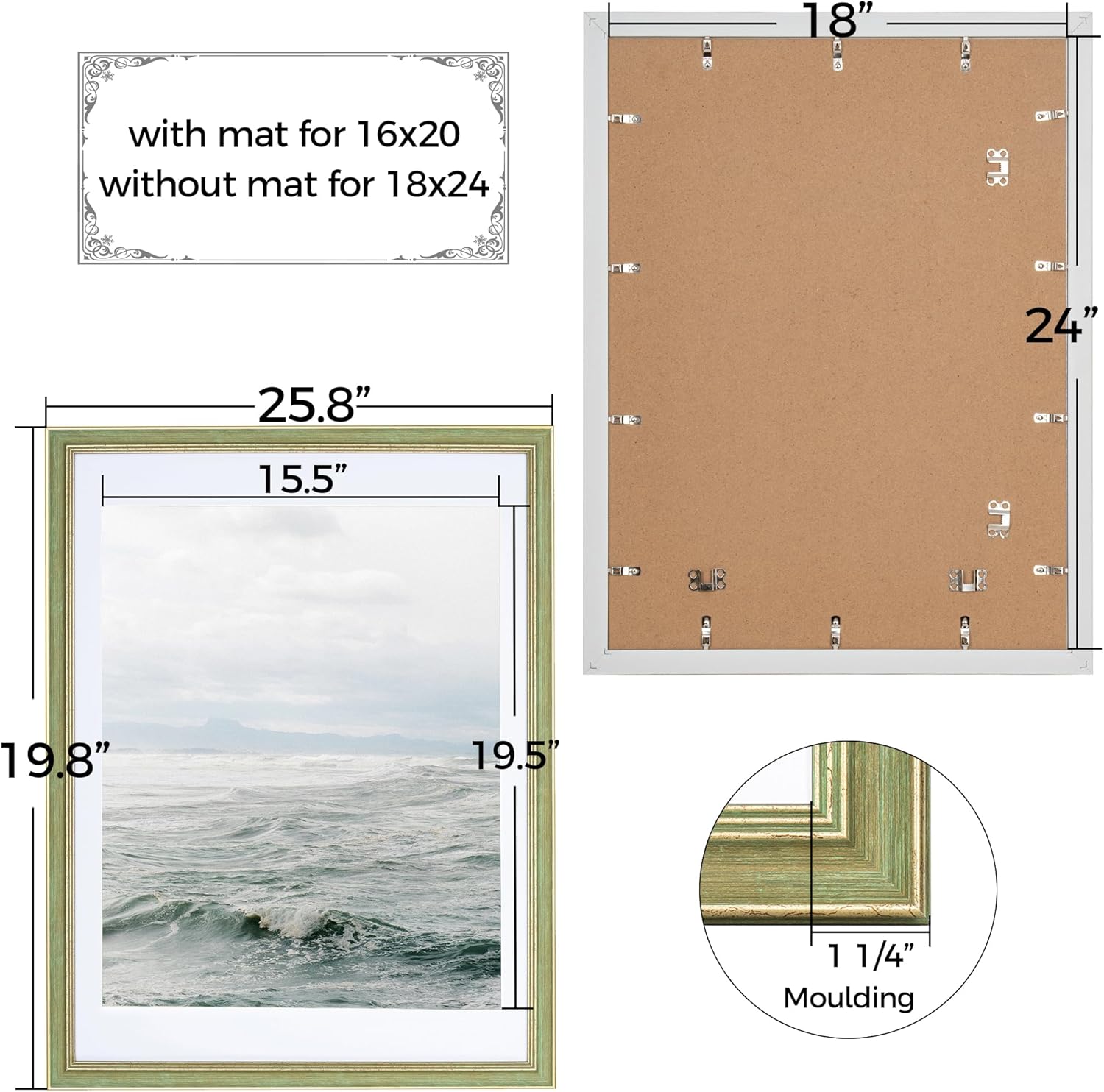 Axeman 18x24 Picture Frame with mat for 16x20, Ornate Vintage 18''x24''Poster Frame with Plexiglass for Wall or Tabletop Display, Farmhouse Rustic Distressed Wood Grain Decorative Retro Design, Green