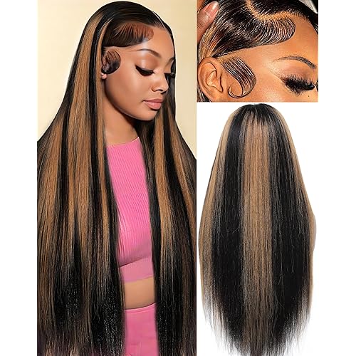 KUKIM 30 Inch Ombre Straight Wigs Human Hair 13x6 HD Transparent Lace Front Wigs Human Hair Pre Plucked 200 Density Highlight Real frontal Wig Can Last 6-9 Months Tangle-Free Natural Black for Women