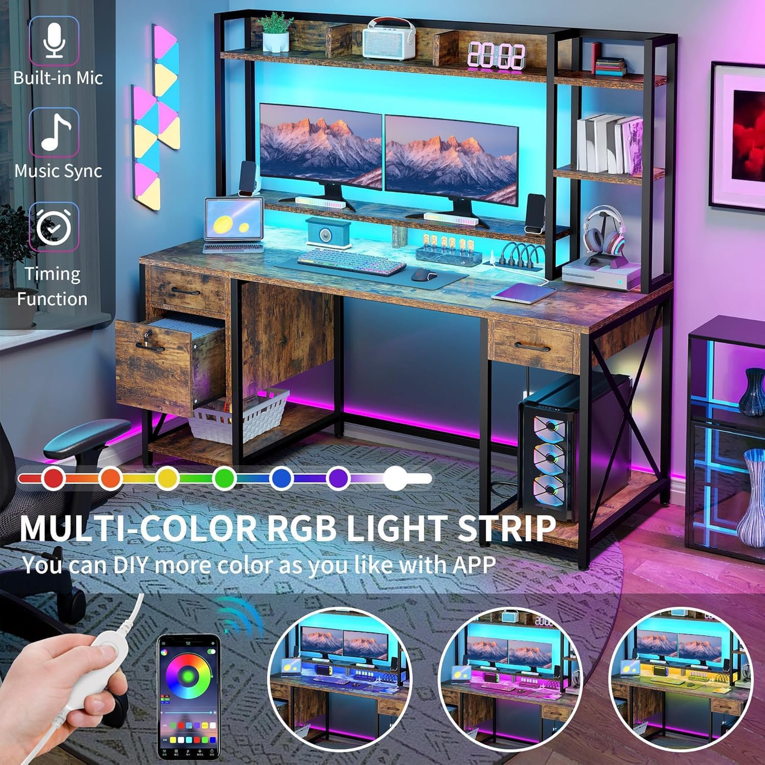 YITAHOME Computer Desk with Hutch & Drawers, 59" Office Desk with Power Outlets, Gaming Desk with LED Lights and Storage Shelves, Rustic Brown