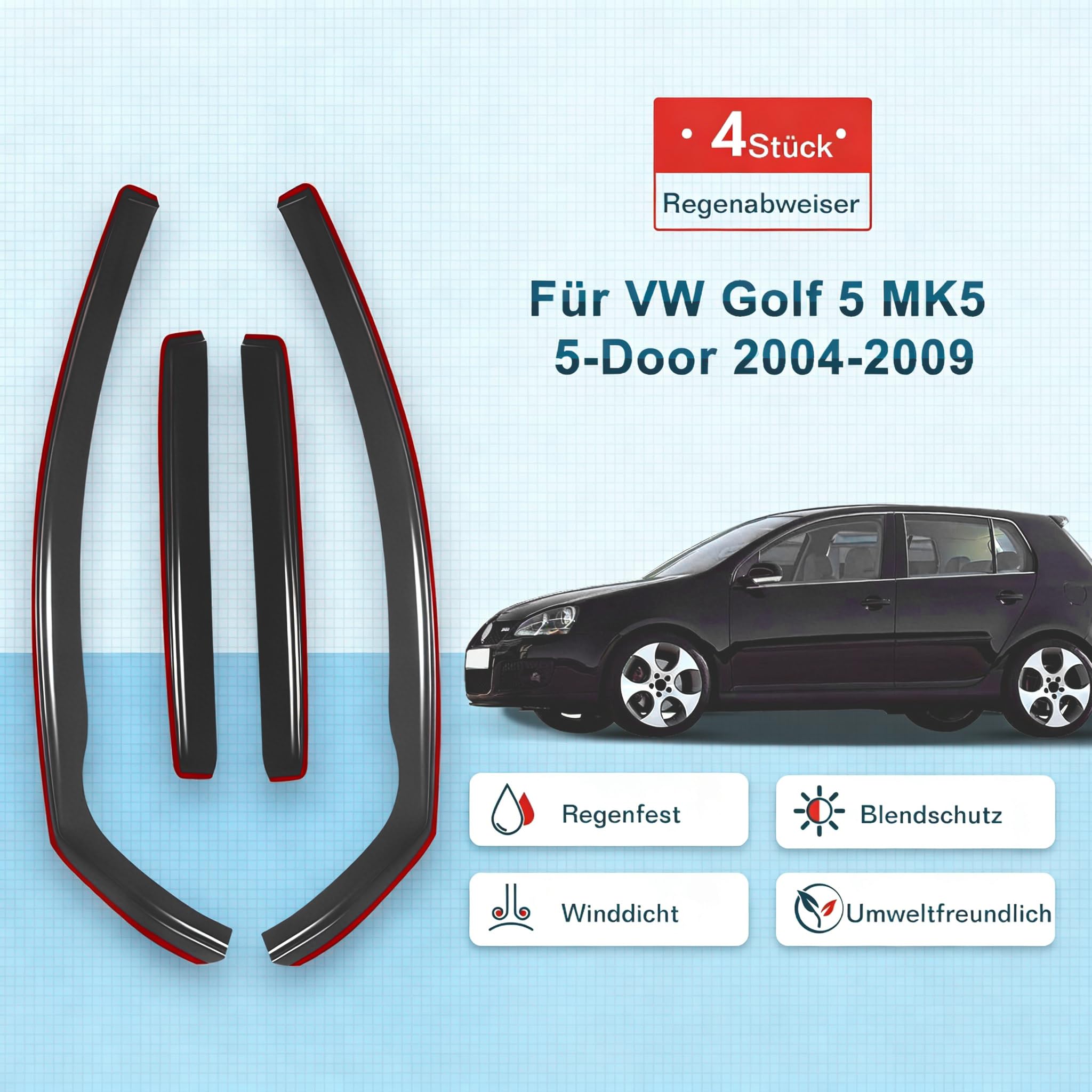 Windabweiser Regenabweiser kompatibel mit VW Golf 5 mk5 2004-2009 5-Türen, Selbstklebend Tape-On Autofenster Regenschutz Regenabweiser Deflektoren, 4-TLG Set, Rauchgrau, Vorne,Aerodynamisch