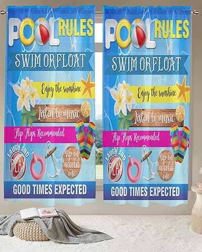 Miniatura 2 de Pool Rules Sheer Curtains 72 Inches Long Rod Pocket Voile Curtains Drapes Blue Summer Beach Nautical Coastal Starfish Anchor Living Room Curtains