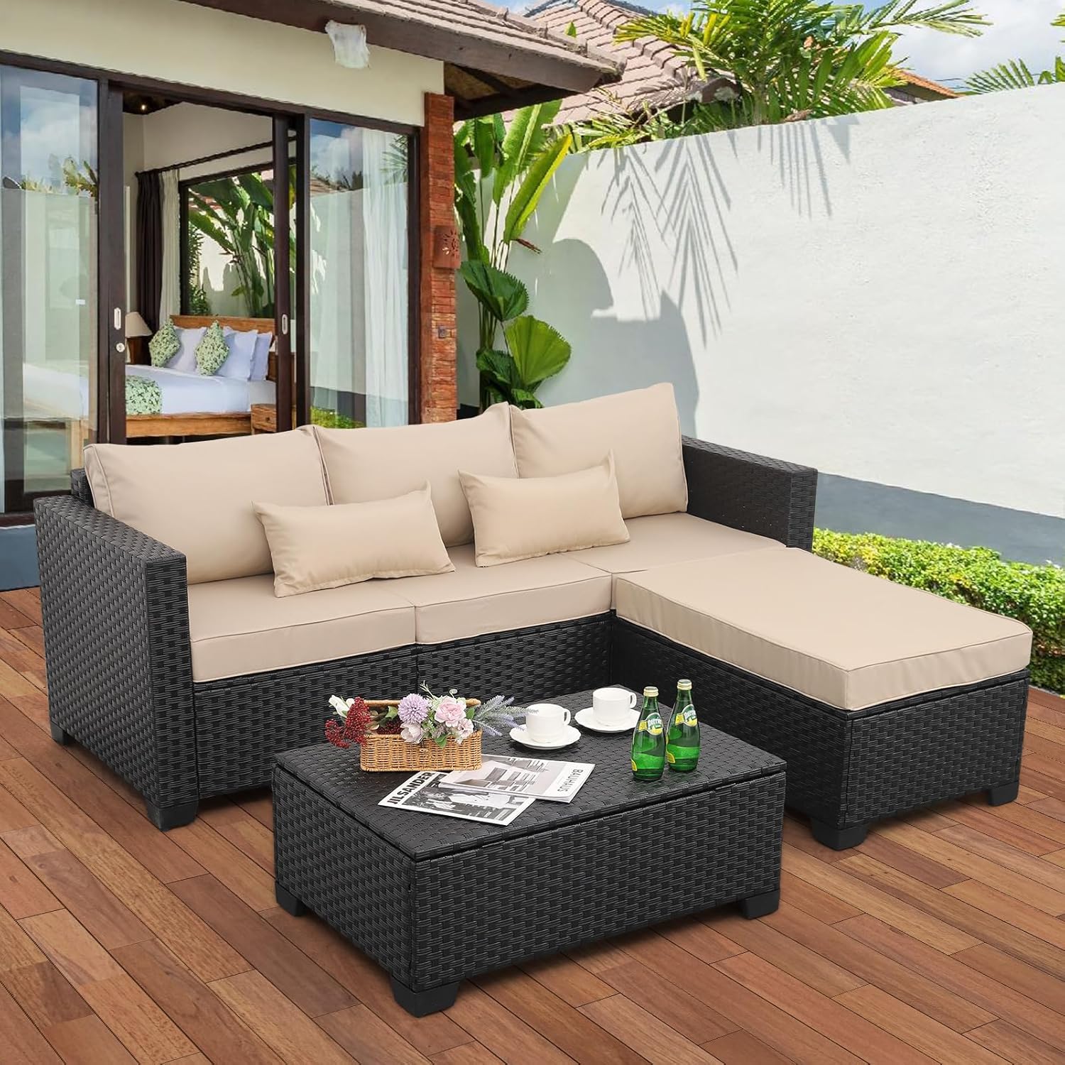 Rattaner 3 Pieces Patio Furniture Set Outdoor Sectional Wicker Patio Furniture Patio Couch with Ottoman and Outdoor Storage Table All-Weather Anti-Slip Cushions Waterproof Covers, Khaki