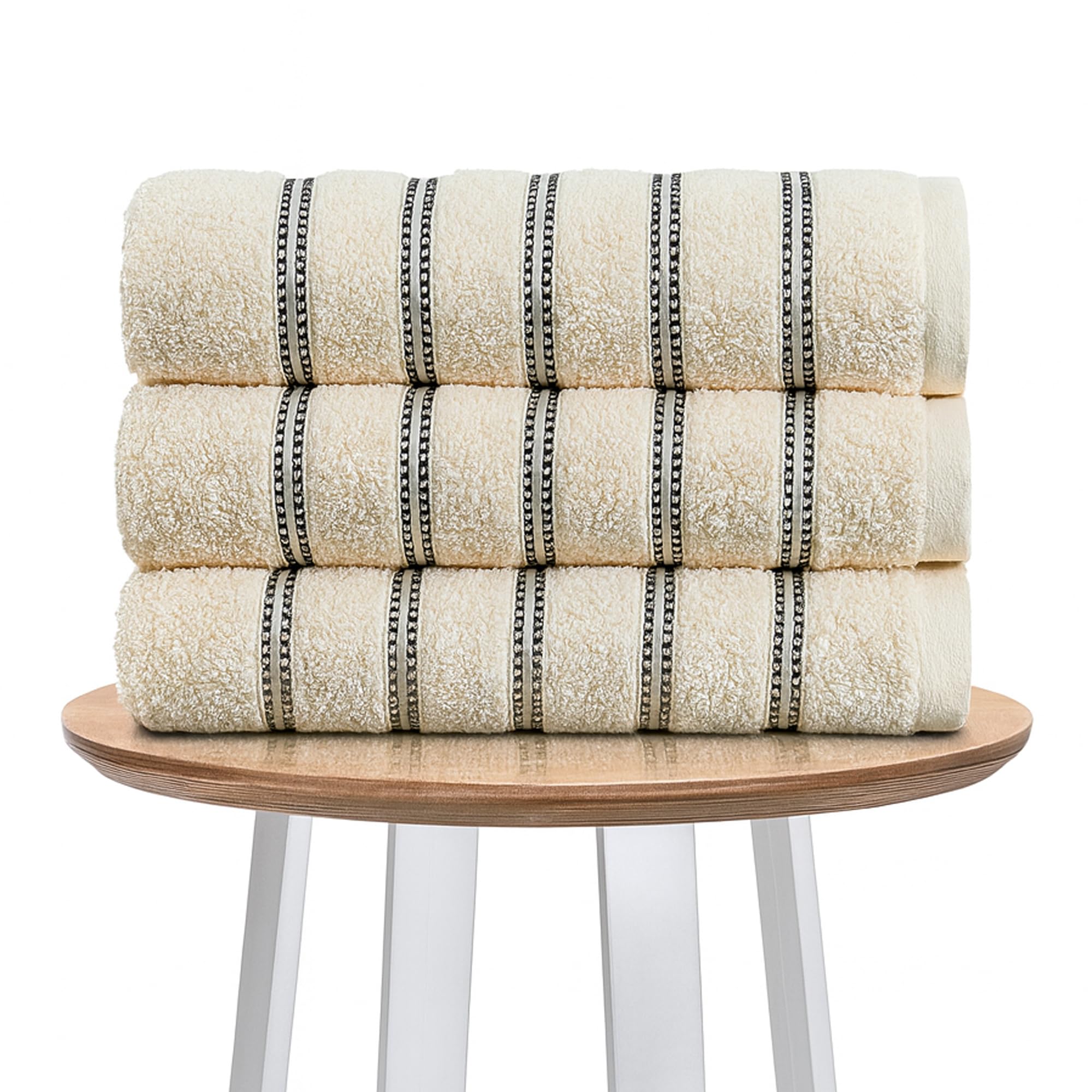 Lions Hand Towels 3 Pack - Premium Striped 100% Egyptian Cotton Towel Set 50x90cm - Ultra Soft and Highly Water Absorbent, Extra Large Thick Bathroom Towels, Bone