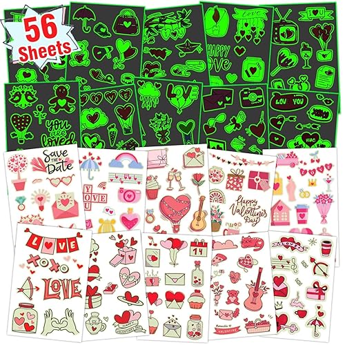 Partywind 560 estilos luminosos tatuajes temporales para el día de San Valentín, 56 hojas de calcomanías de tatuaje de amor con corazón brillante