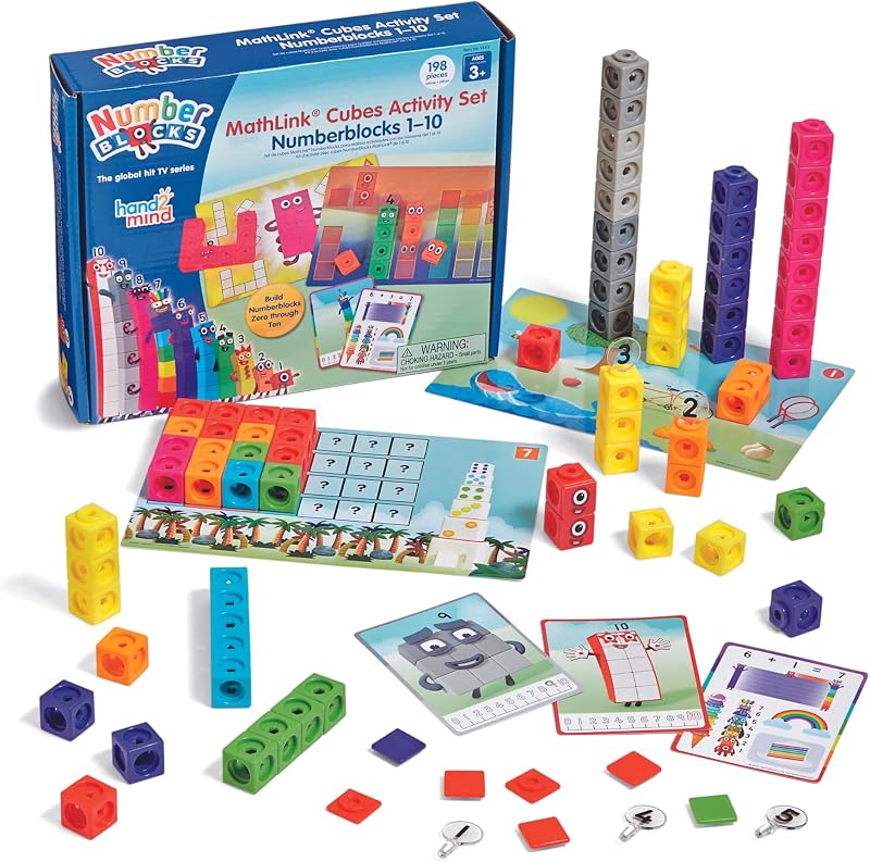 hand2mind MathLink Cubes Numberblocks 1-10 Juego de actividades, 30 actividades de aprendizaje preescolar, bloques de contar, cubos de unión, juguetes educativos para niños, juegos de números, manipuladores matemáticos jardín de infantes | Vinculación de cubos, conjunto de actividades de bloques numéricos, actividades de aprendizaje para preescolar y jardín de infantes, para niños de 3, 4, 5, 6, 7 años