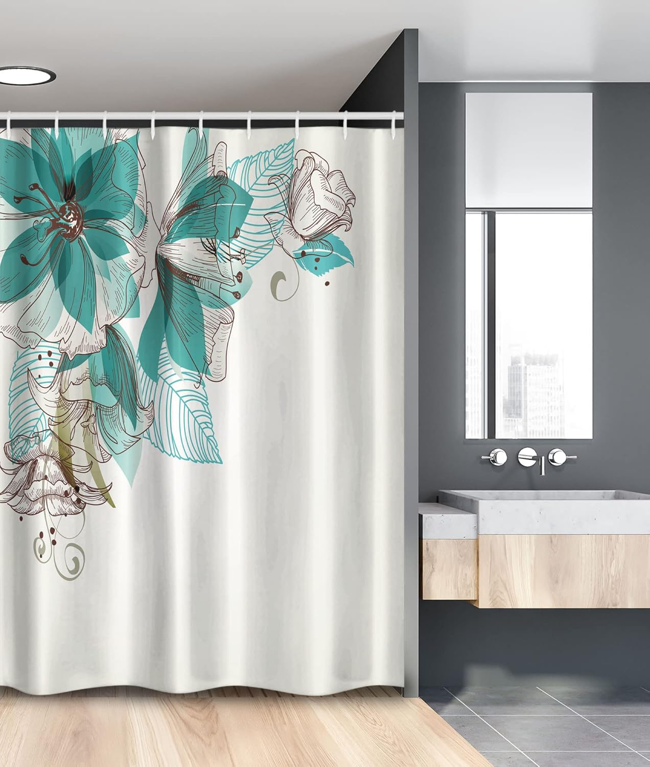 Ambesonne Turquoise Stall Shower Curtain, Flowers Buds Leaf at The top Left Corner Season Celebrating Theme, Fabric Bathroom Decor Set with Hooks, 54" W x 78" L, Teal Pale Green