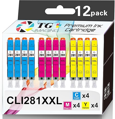 TG Imaging Paquete de 12 cartuchos de tinta de repuesto compatibles con Canon PGI280 CLI281 (4 cian+4 amarillos + 4 x Magenta) para impresora de