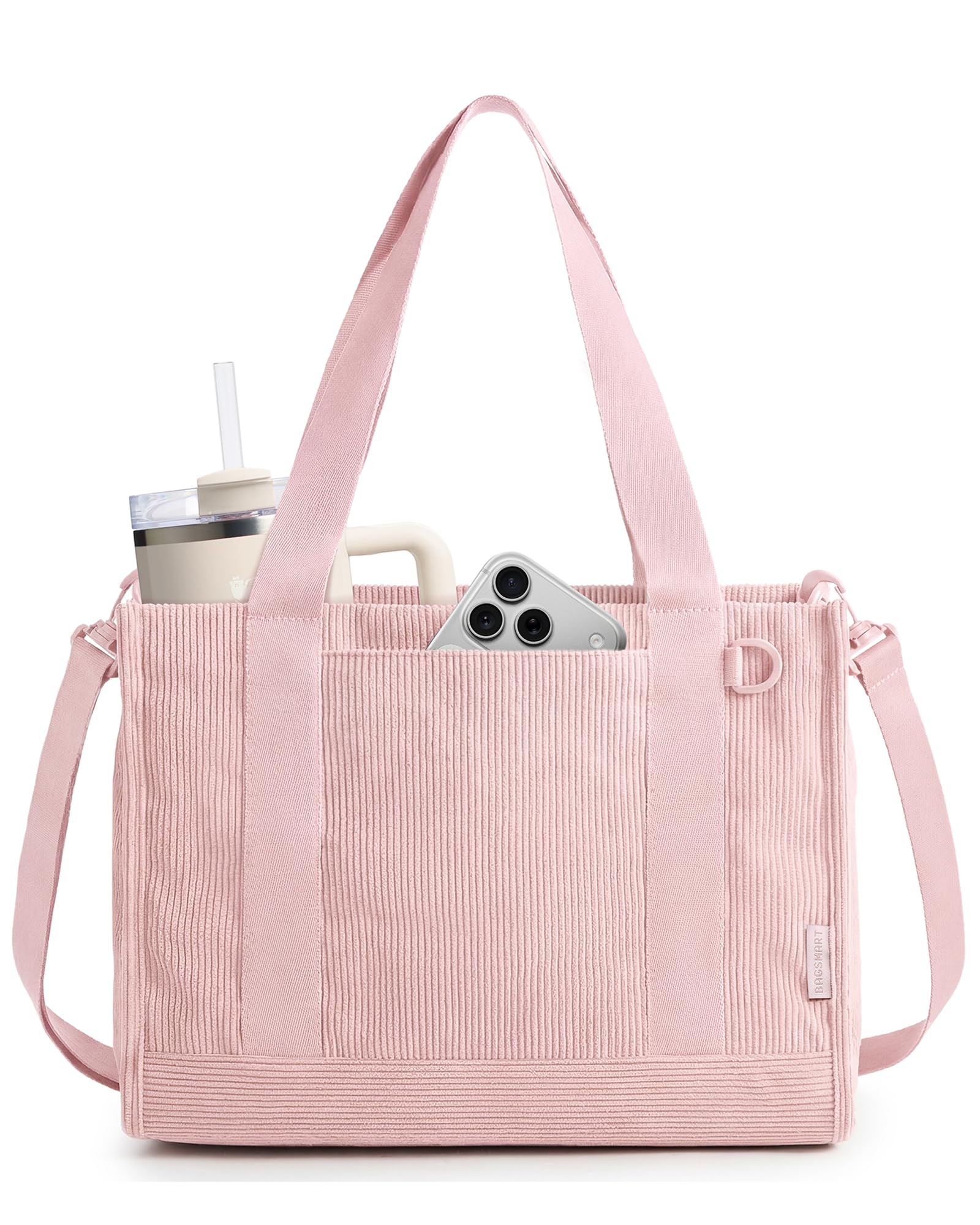BAGSMART Corduroy Beach Tote Bag for Women Travel/Work, Small Crossbody Bag for Teacher/Nurse | 12L fits 14" laptop, 40oz tumbler holder, 5L fits Kindle, w/ zipper pockets, For work, travel, mothers day gifts — view 15