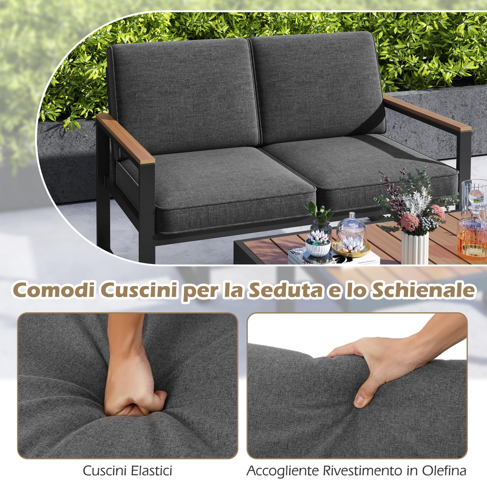 COSTWAY Set da Giardino in Alluminio a 2 Pezzi, Set Tavolino e Poltrona da Giardino, Set da Conversazione da Esterno, Divano Sezionale Imbottito con Tavolino da Caffè, per Cortile Balcone