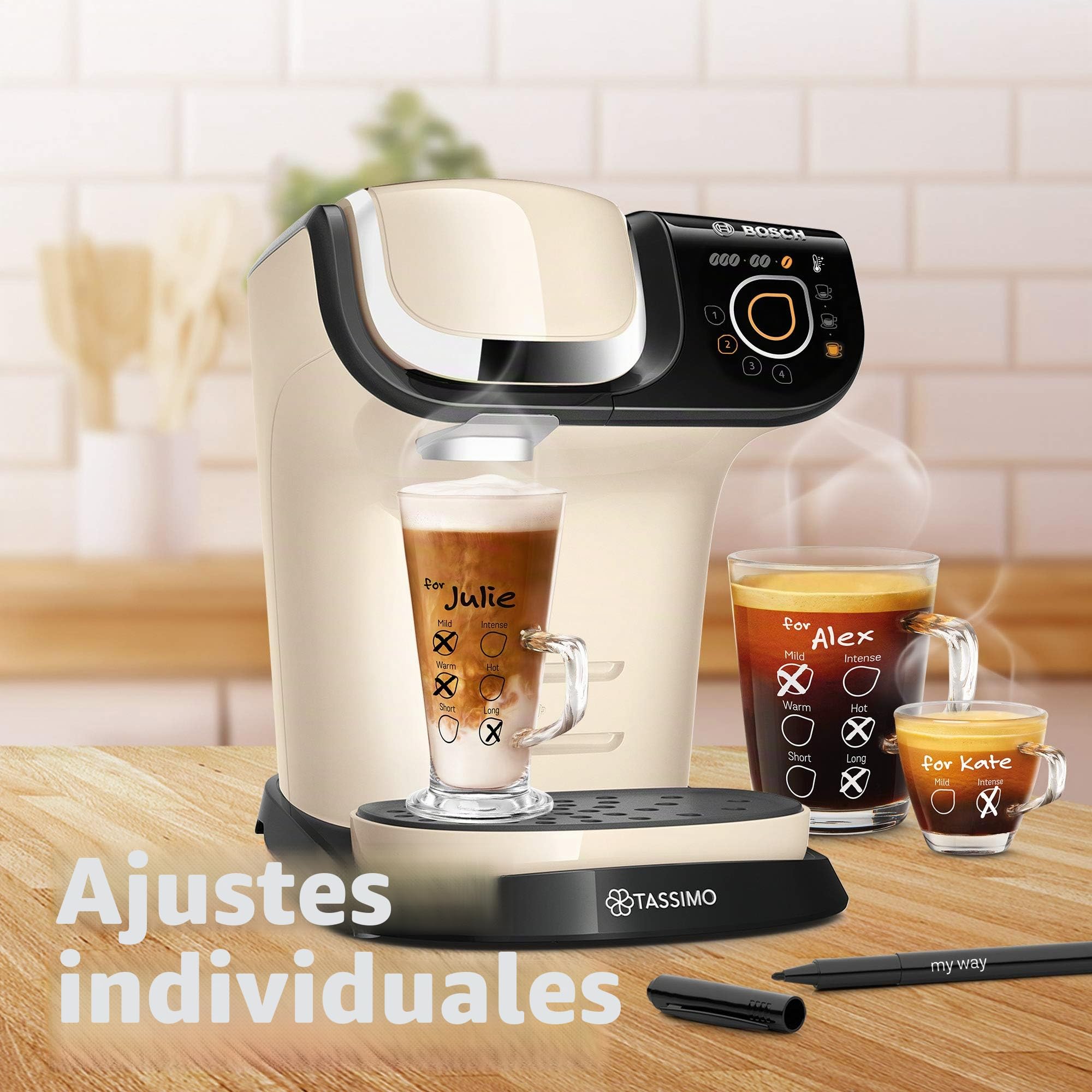 Tassimo My Way TAS6507 Cafetera de cápsulas Bosch, con filtro de agua, más de 70 bebidas, totalmente automática, fácil preparación, 1500 W, 1,3 litros, color crema