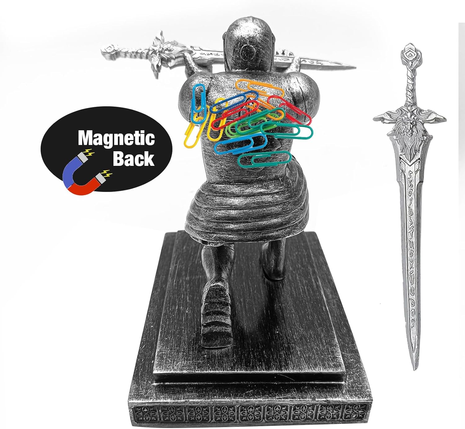 Hoypeyfiy Knight Pen Holder,Knights Pen Stand with Magnet Sword,Executive Pen Stand,Resin Soldier Pen Holder for Office,Home,Desk Decor,Holiday Present (Silver)