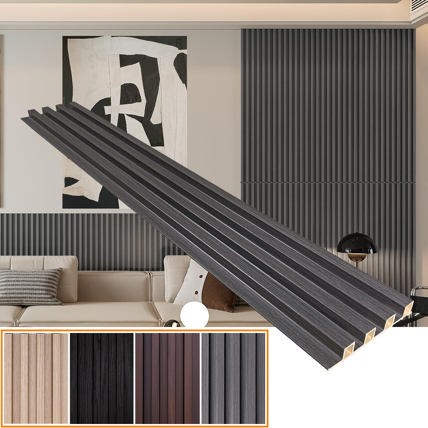 WPC Slat Wall Panels 12-Pack 48x 6in & 4 Trim Accent Grey Wood Grain 3D Wall Panels Interior Wall Modern Décor