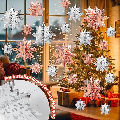 Miniatura 6 de OuMuaMua Decoraciones de copos de nieve de Navidad de invierno para interiores, 24 copos de nieve 3D plateados y oro rosa, adornos colgantes de