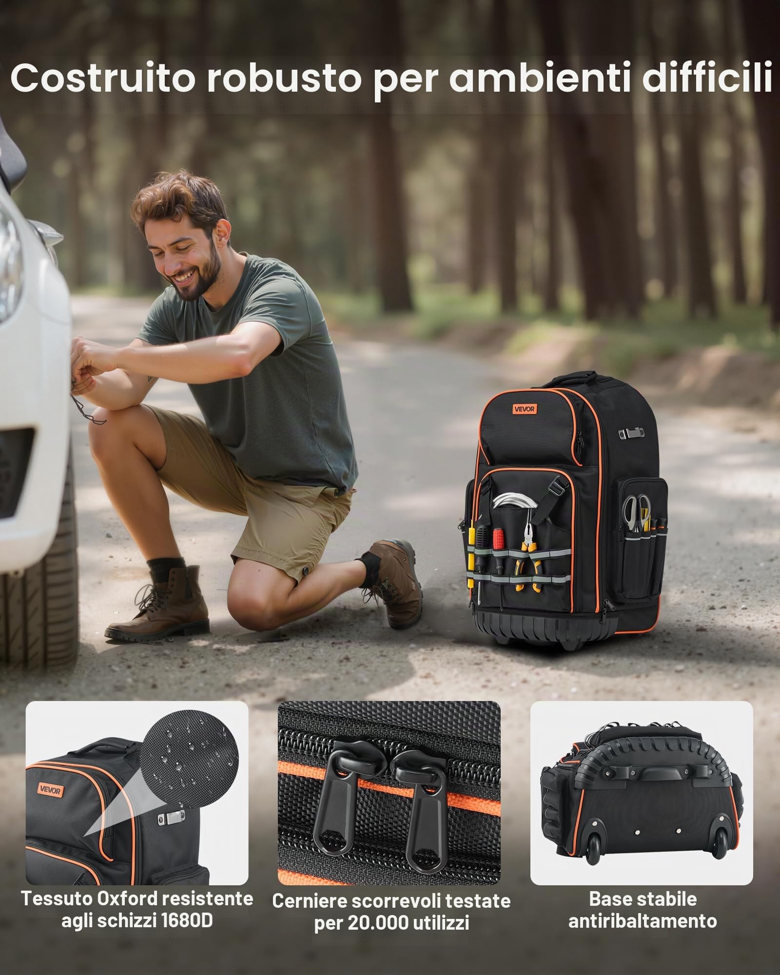 VEVOR Zaino Portautensili con Ruote, Capacità 50 kg, Borsa Portautensili con Ruote da 72 Tasche, Maniglia Telescopica Regolabile e Base Stabile, Organizzatore per Borse per Edilizia, Meccanico