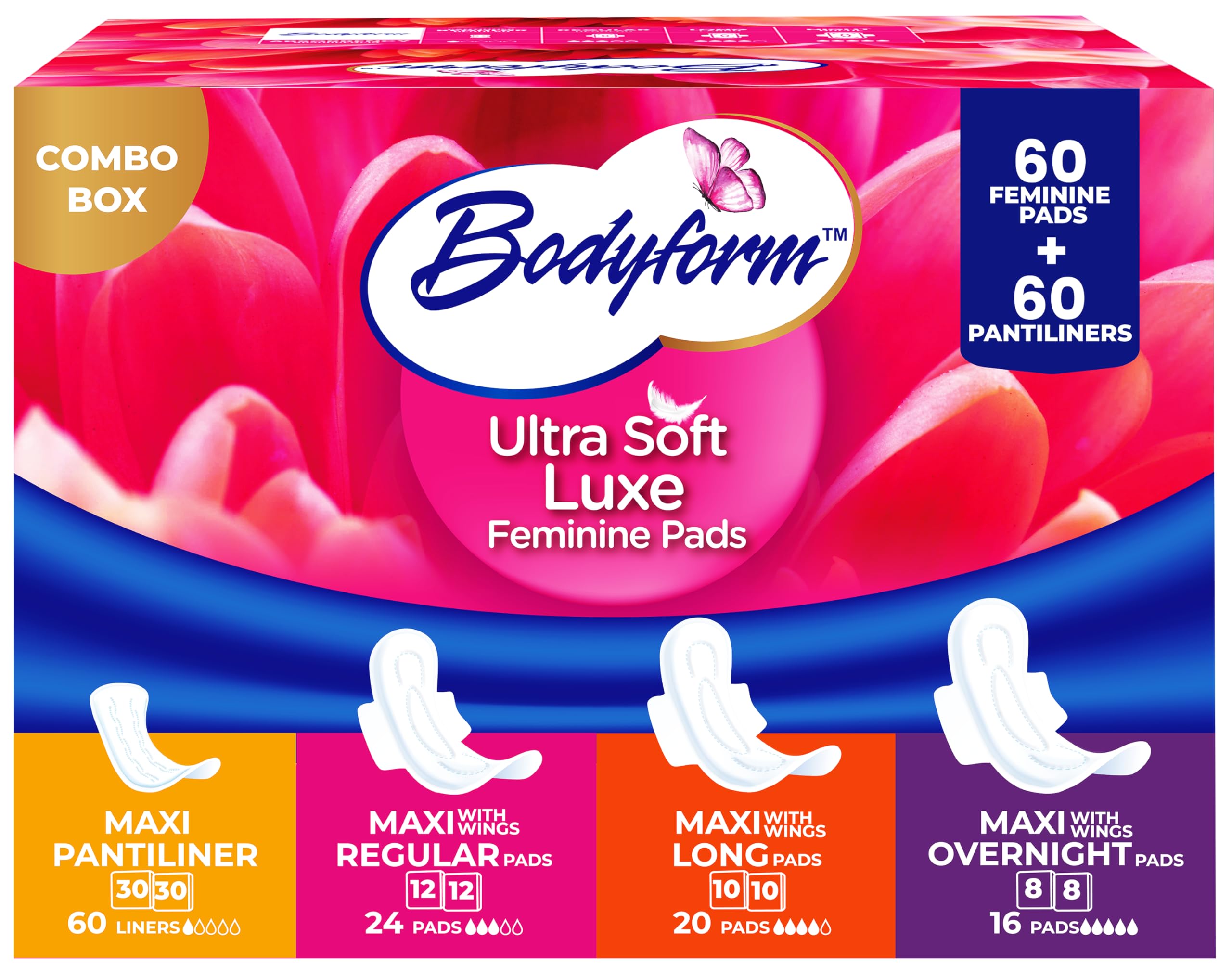 Bodyform Luxe Feminine Care Value Combo Pack, 120 Count (60 Ultra-Soft Pads + 60 Gentle Pantyliners), Variety Pack, Cushion-Soft & Ultra-Absorbent, Daily Freshness & Protection