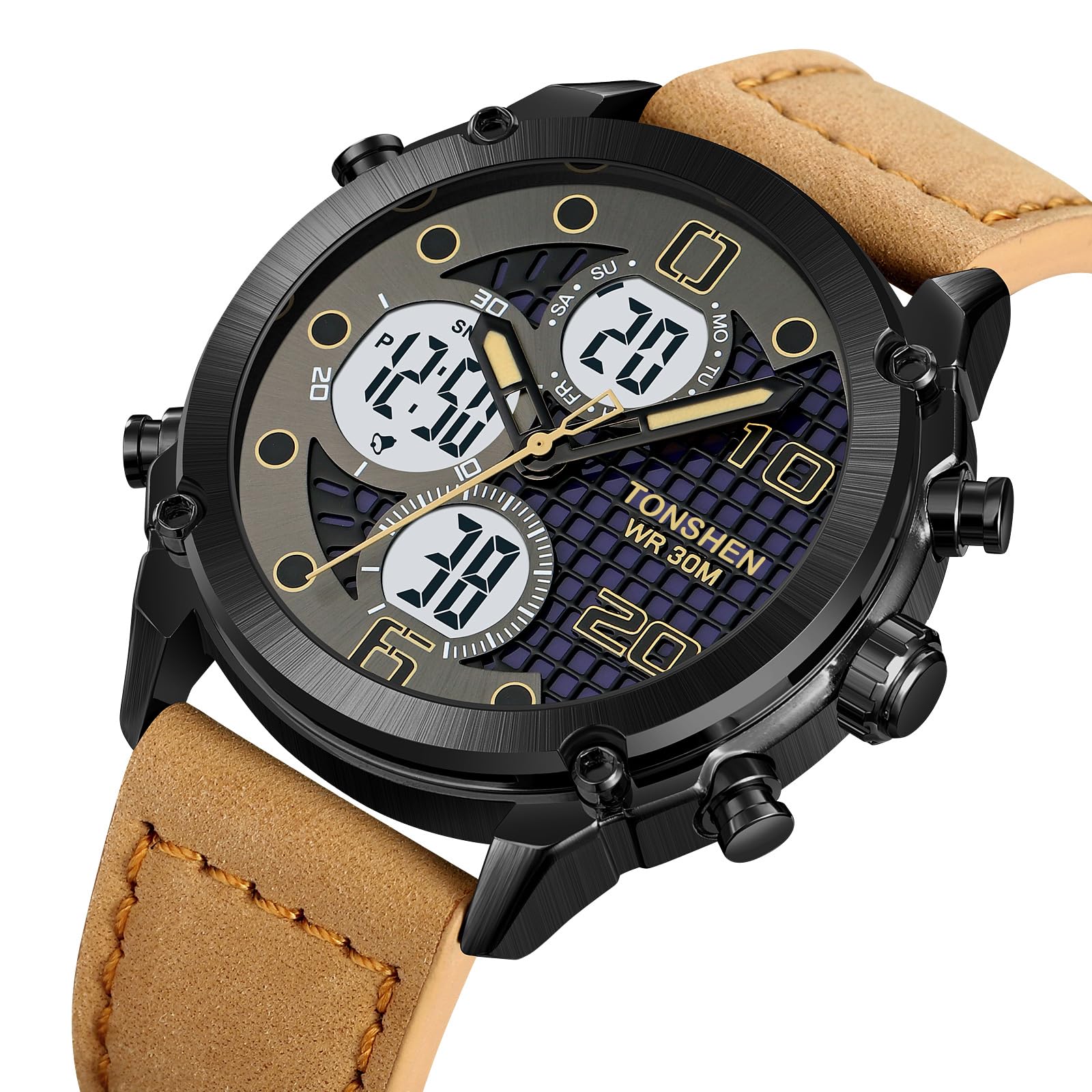 TONSHEN Orologi da Polso Uomo Acciaio Inossidabile e Pelle Cinturino Digitale Multifunzione LED Elettronico Tre Tempo Outdoor Militare Sportivo Orologio