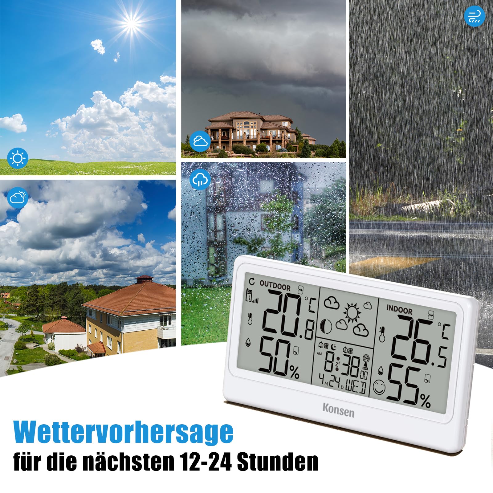 Konsen Funk-Wetterstation mit Außensensor – DCF Funkuhr, Digitales Thermo-Hygrometer (Batteriebetrieb) für Innen/Außen mit Wetterprognose, in Weiß
