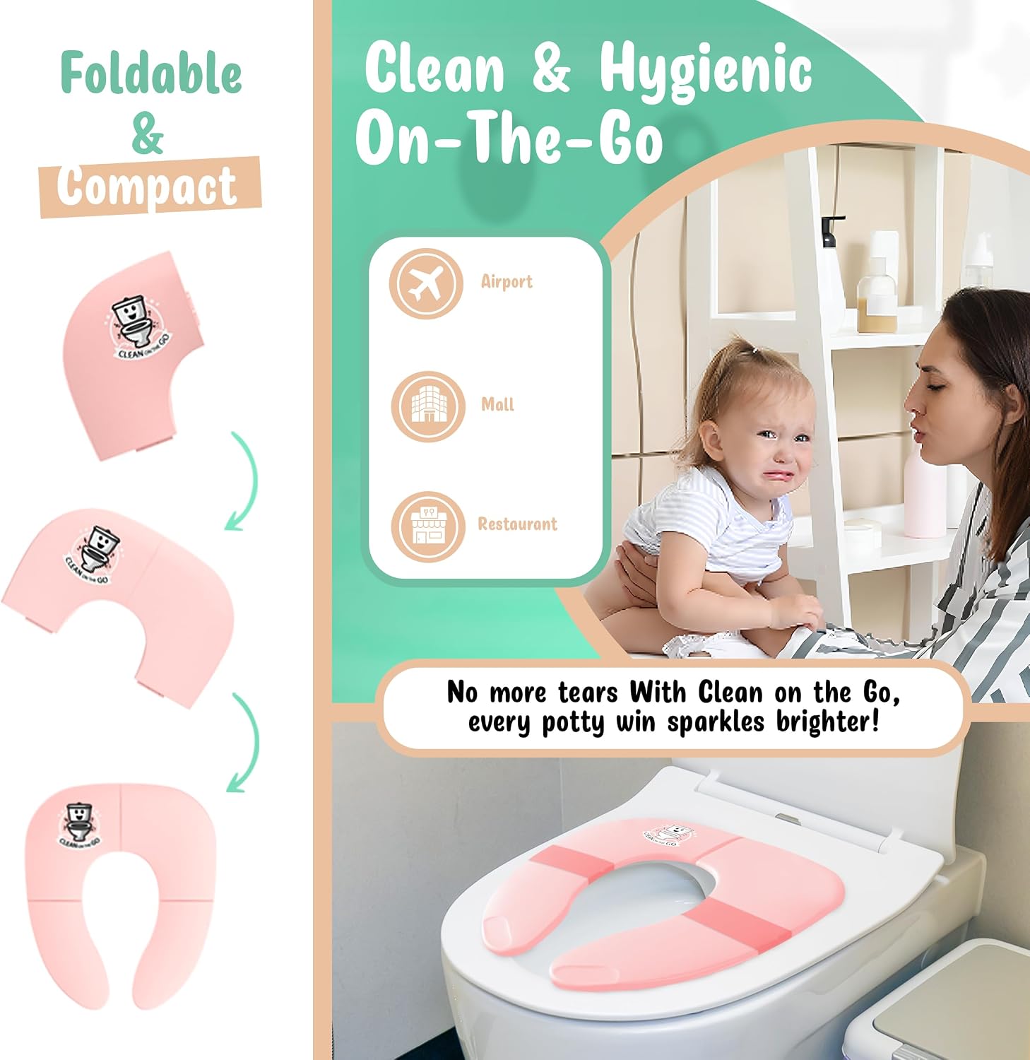 Travel Potty Seat: Portable w Carrying Case for Toddler Toilet Training, Foldable Non-Slip Silicone for kids public toilets, CLEAN ON THE GO (Pink)