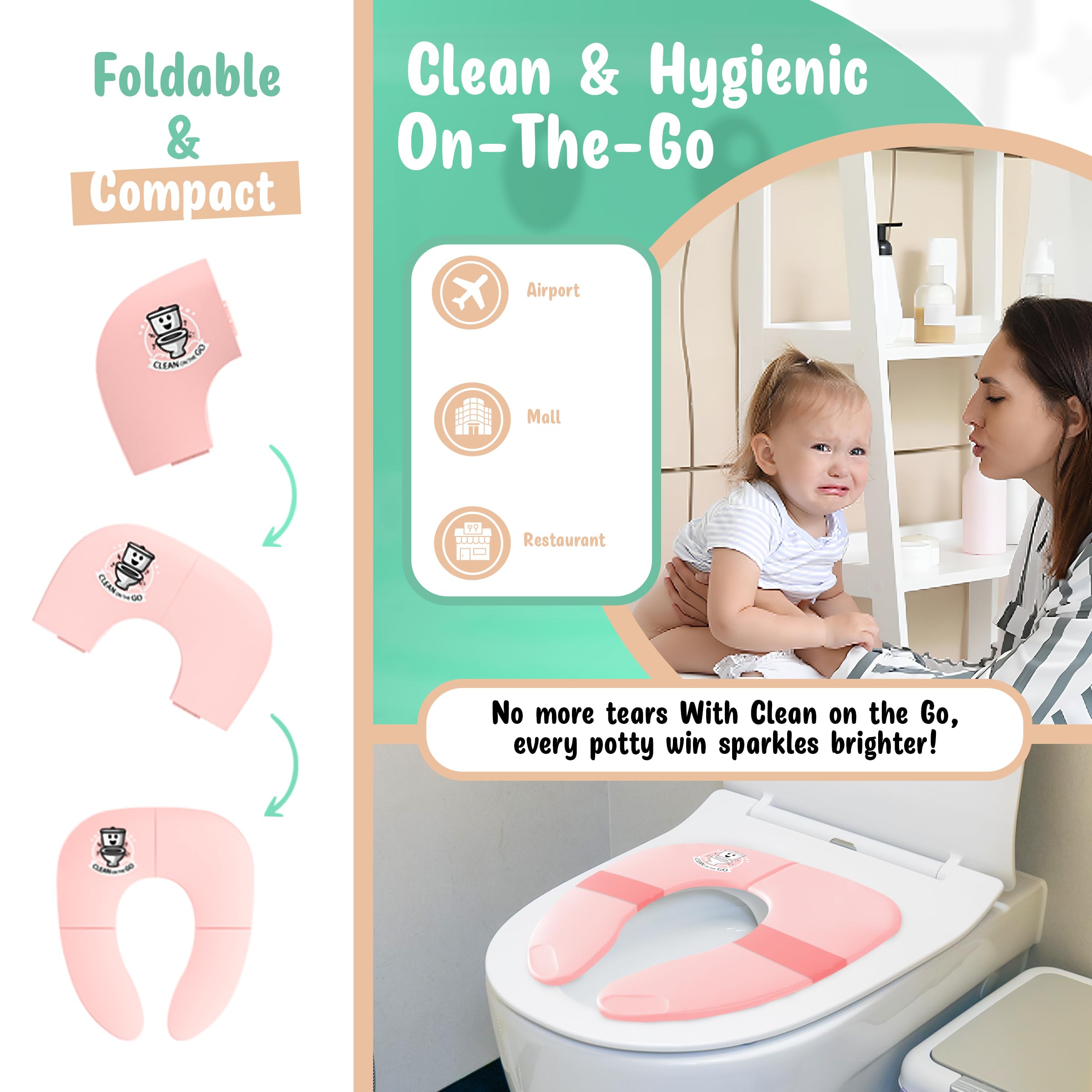 Travel Potty Seat: Portable w Carrying Case for Toddler Toilet Training, Foldable Non-Slip Silicone for kids public toilets, CLEAN ON THE GO (Pink) - 5