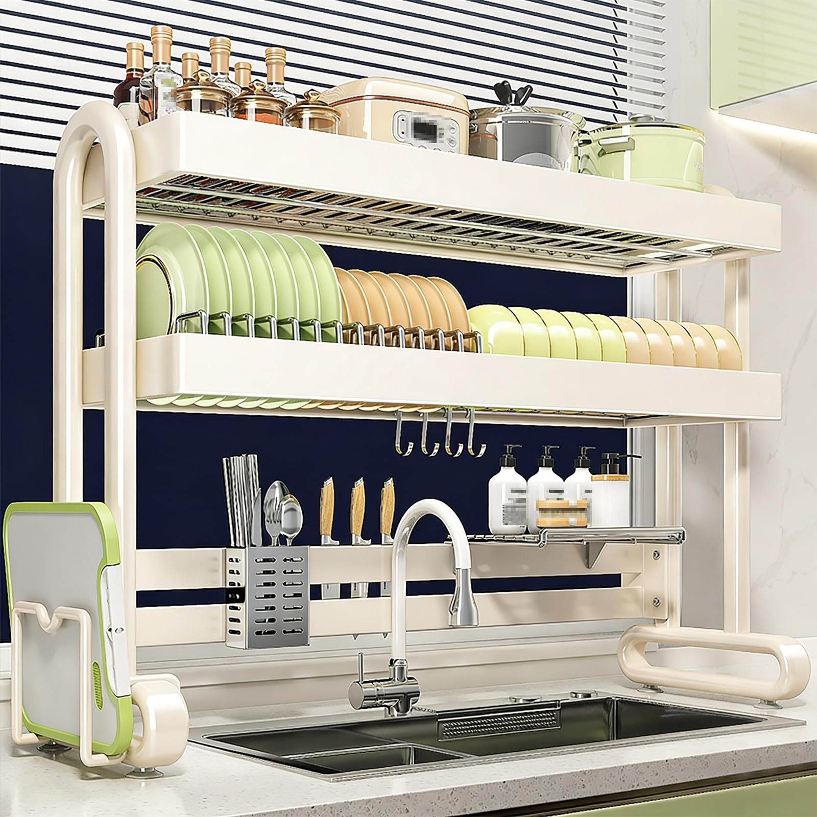 THNSAWX 2 Tier Over Sink Dish Drying Rack, Stainless Steel Dish Drainer Rack, Height Adjustable Shelves, Multifunctional Kitchen Organizers and Storage Rack, Sturdy Load-Bearing(Beige,95cm/37.4in)