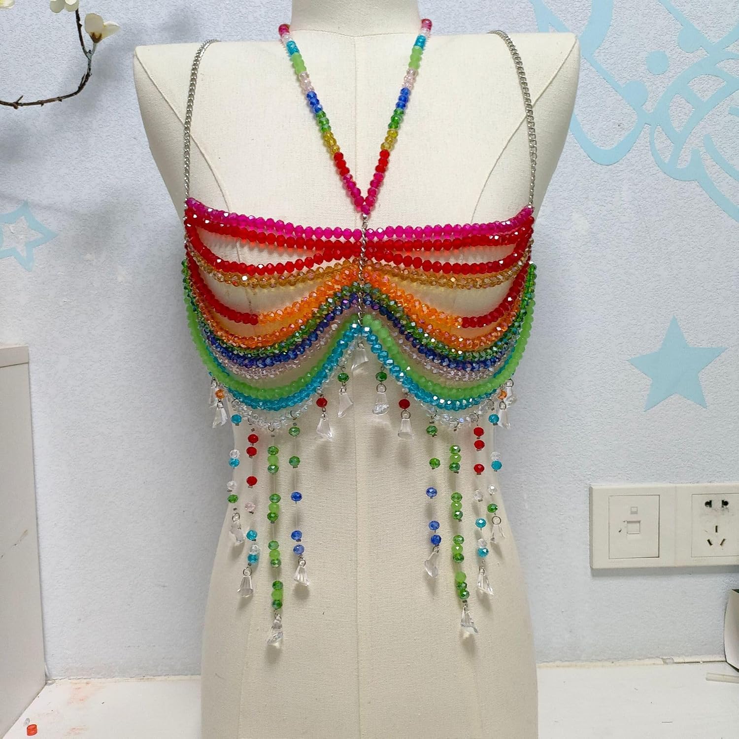 Colorful Body Chains for Women, Sexy Layered Chest Chain Bikini Bra Chain, Sexy Charming Handmade Beaded Bra Summer Beach Rhinestone Body Jewelry