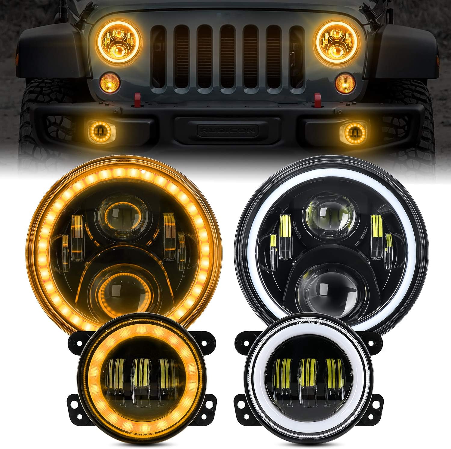 BEEYEO 7 Inch LED Halo Headlights with 4 Inch Halo Fog Lights for Jeep Wrangler 1997-2017 JK JKU TJ LJ Rubicon Sahara Unlimited, White DRL/Amber Turn Signal Light,Hi/Lo Beam
