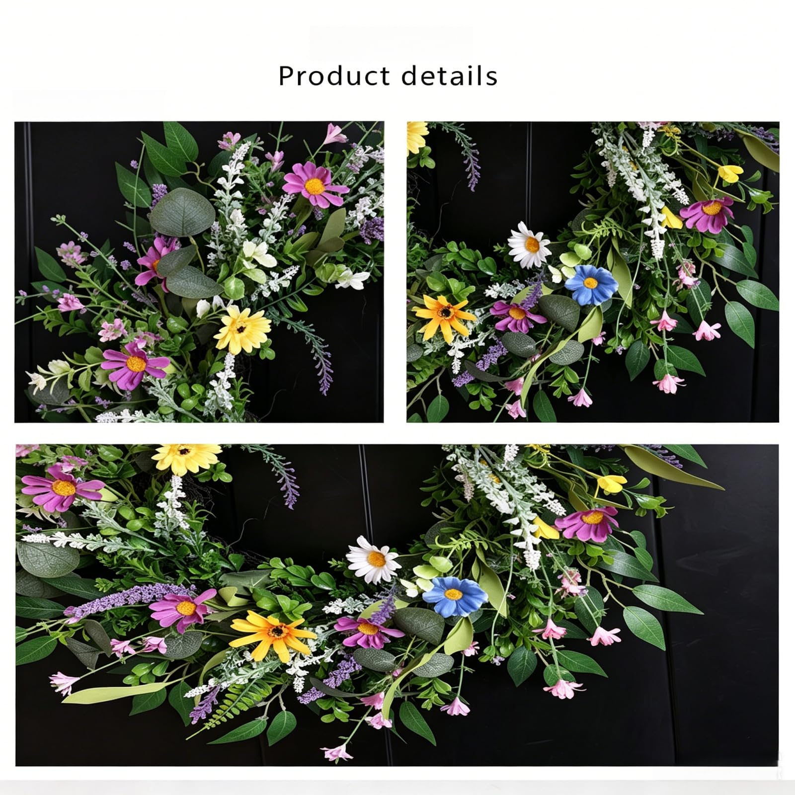 Künstlicher Frühlingskranz mit Bunten Wildblumen, Margeriten und Lavendel, Türkranz für Haustür und Wand, Natürlicher Dekokranz für Frühling und Sommer