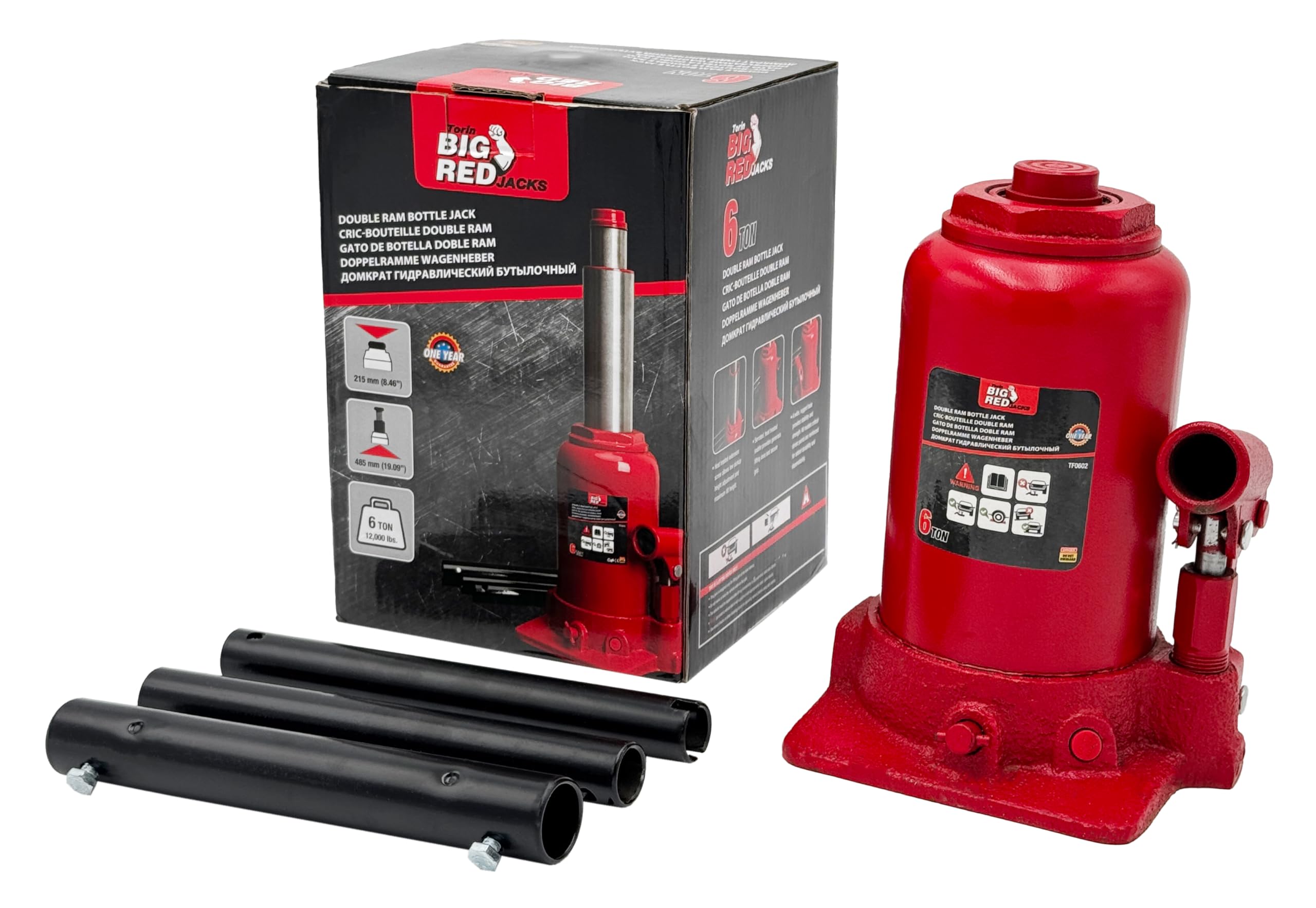Torin Big RED 6T Hydraulischer Wagenheber (215-485mm) Stempelwagenheber Autoheber Doppel-Ram niedriges Profil Doppel Ram Bottle Jack für Werkstatt und Garage