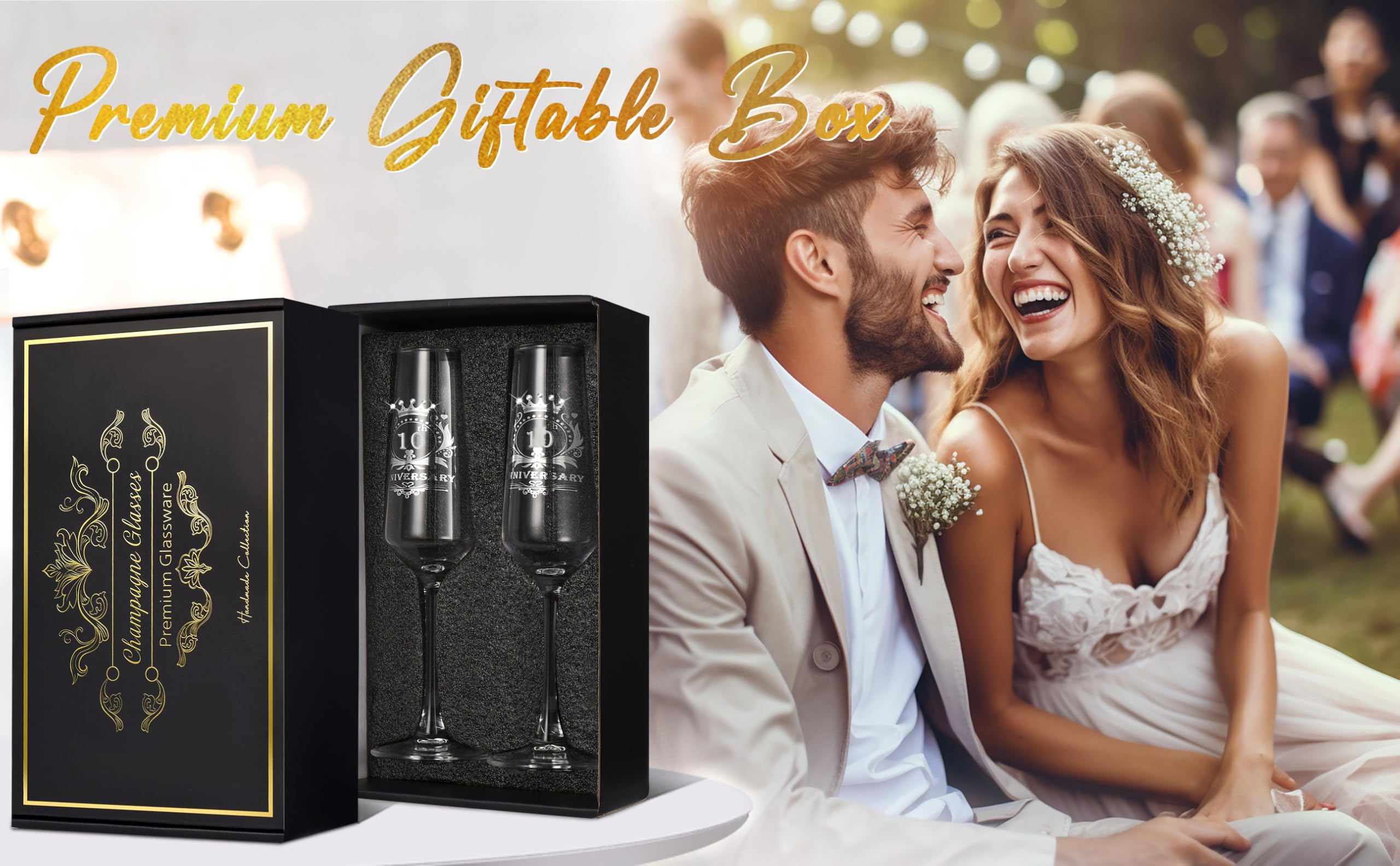 ROXBURGH - Juego de 2 copas de champán de cristal para 10º aniversario de boda, regalo de boda para parejas, 10º aniversario de boda