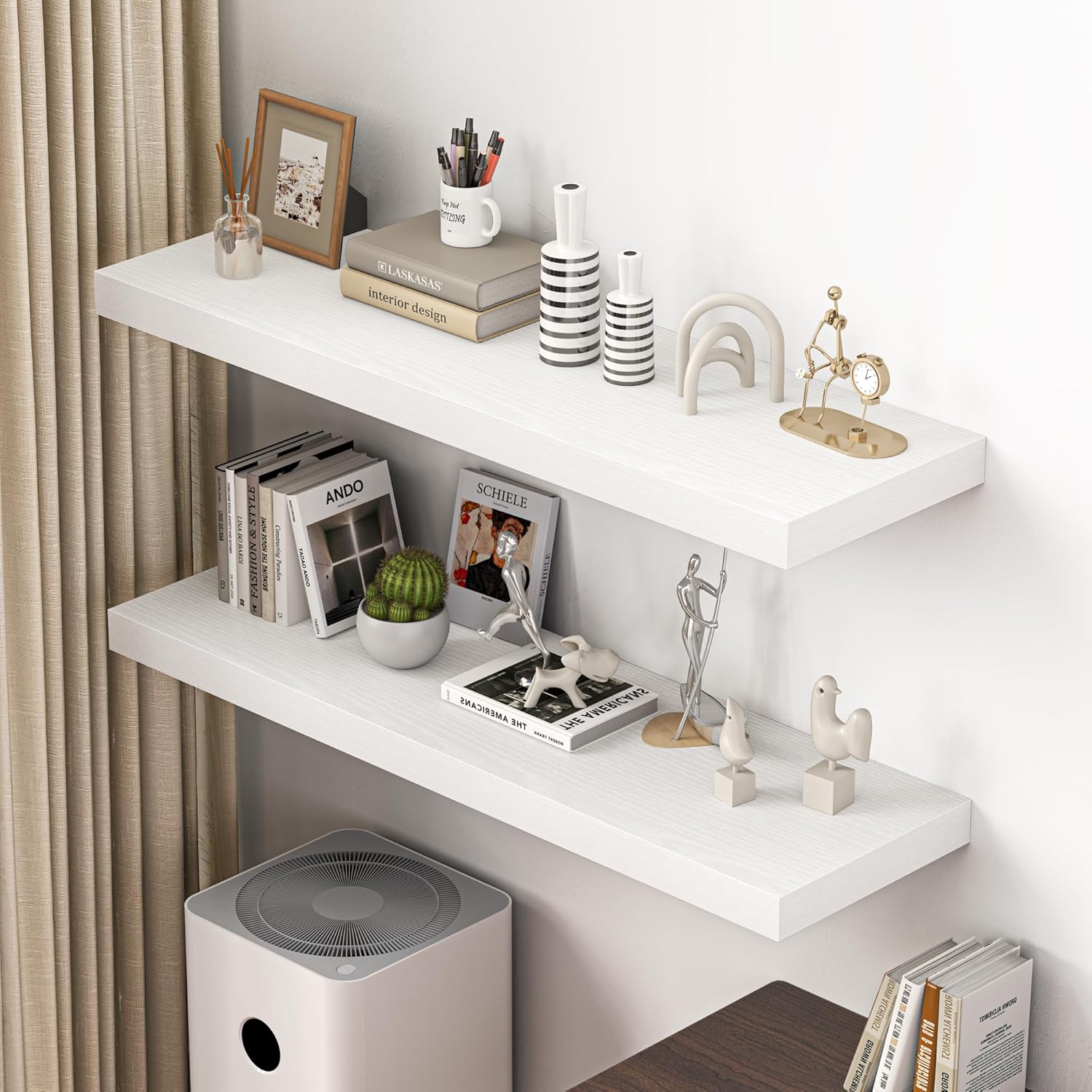 dreamland 48" floating shelves for wall, 12" deep thicker white floating shelves, wall-mounted shelves for bedroom, living room, kitchen, bathroom - set of 2 white 48inch, set of 2