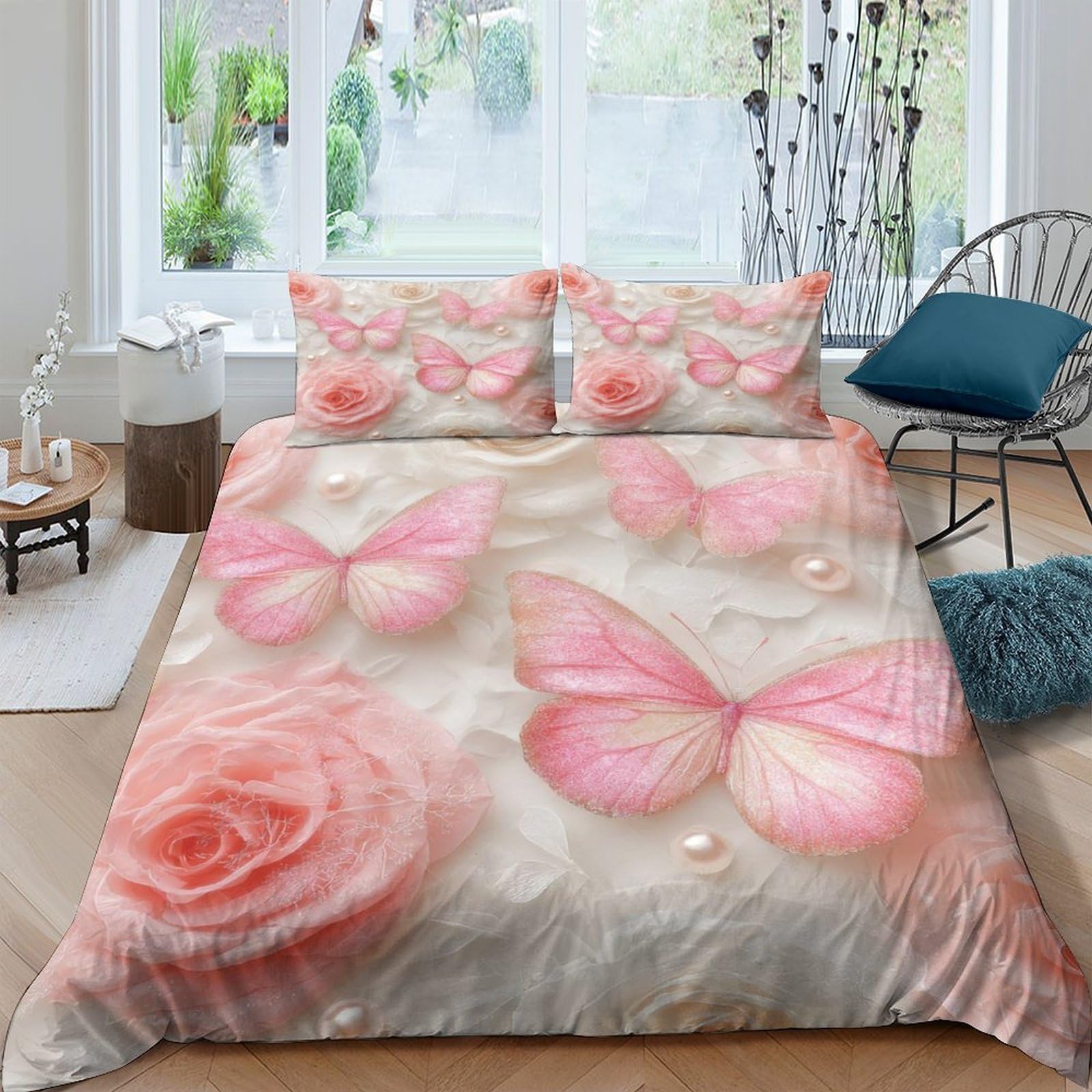 Ctjqhvkz Style-6 3D Printed Pink Butterfly Fitted Sheet Microfiber Soft Floral Rose Mattress Cover Bedroom Decor Dustproof Easy Care Single（135X200cm）