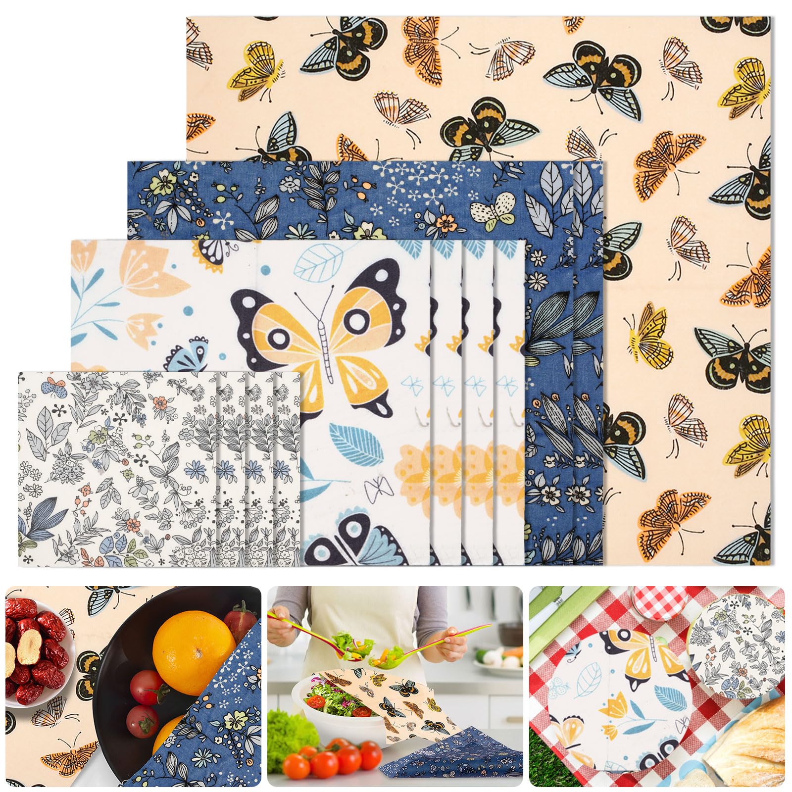 11Pcs Reusable Beeswax Food Wrap, Bees Wrap Paper Beeswax Food Storage Wrap for Bread Sandwich Organic Cotton Wraps for Cheese Fruit Vegetable
