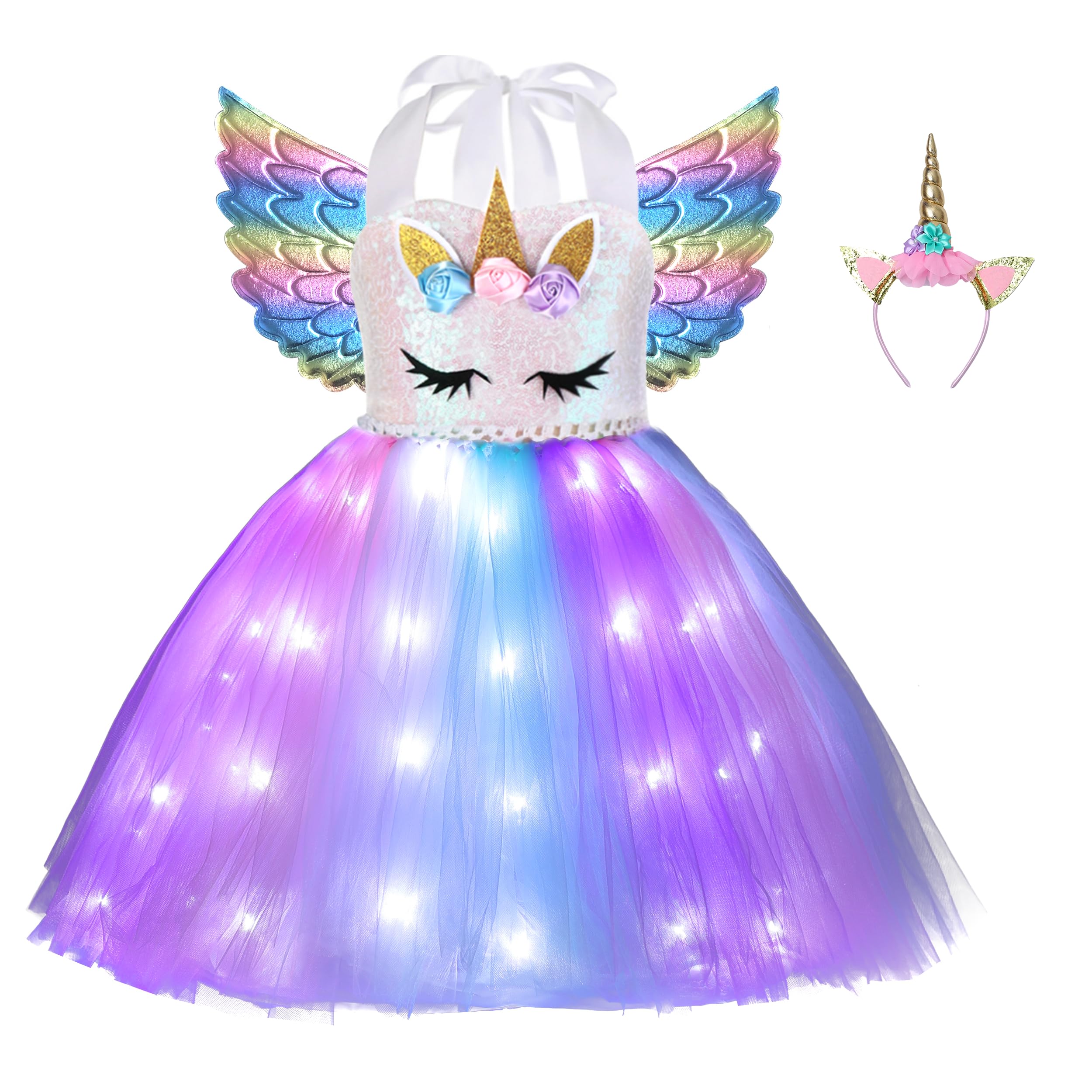 Davsolly Unicorn Costume for Girls Led Light Up Unicorn Princess Tutu Outfit for Halloween Dress Up Birthday Christmas Gifts