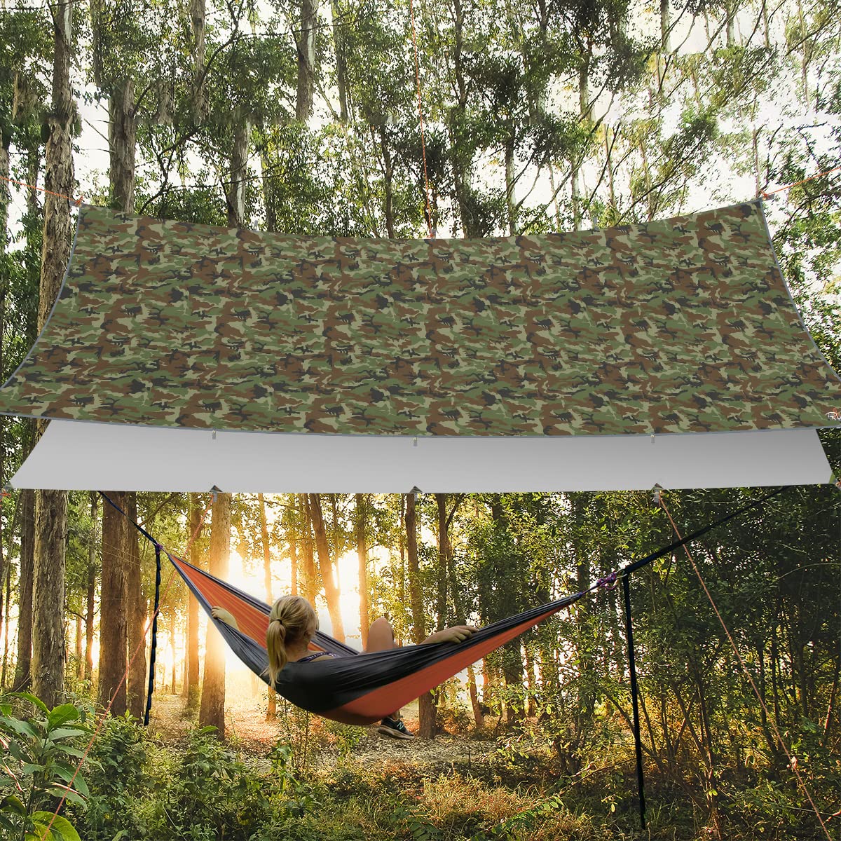 RYACO Tarp 3x5 m Wasserdicht Zeltplane Ultraleicht mit ösen + 6 Erdnägel + 6 Seilen, Anti-UV Schnee Regen Schutz Leicht Kompakt für Hängematte Camping Wandern Picknick Reisen Outdoor Aktivitäten