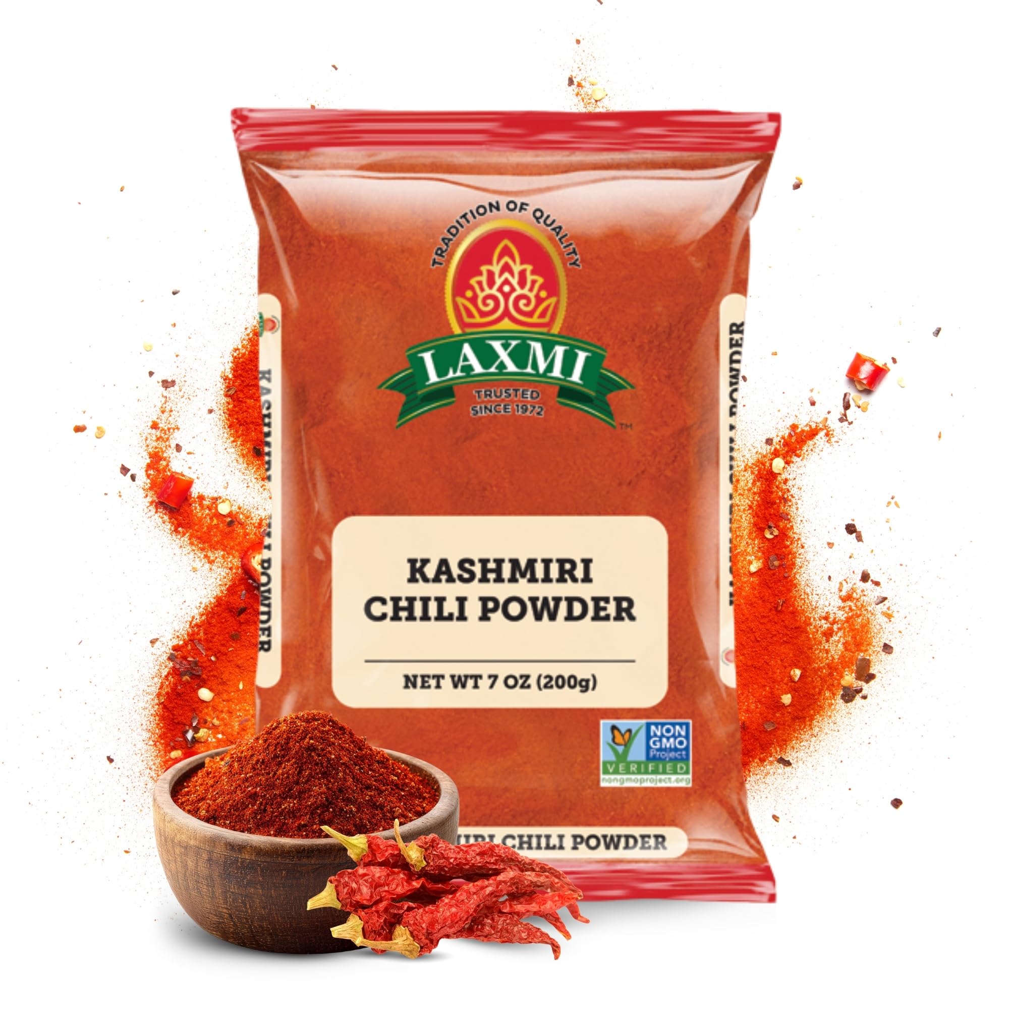 LAXMI Kashmiri Chili Powder - Authentic Low Heat Indian Red Chili Seasoning- NON-GMO - 7 oz Cooking Spice
