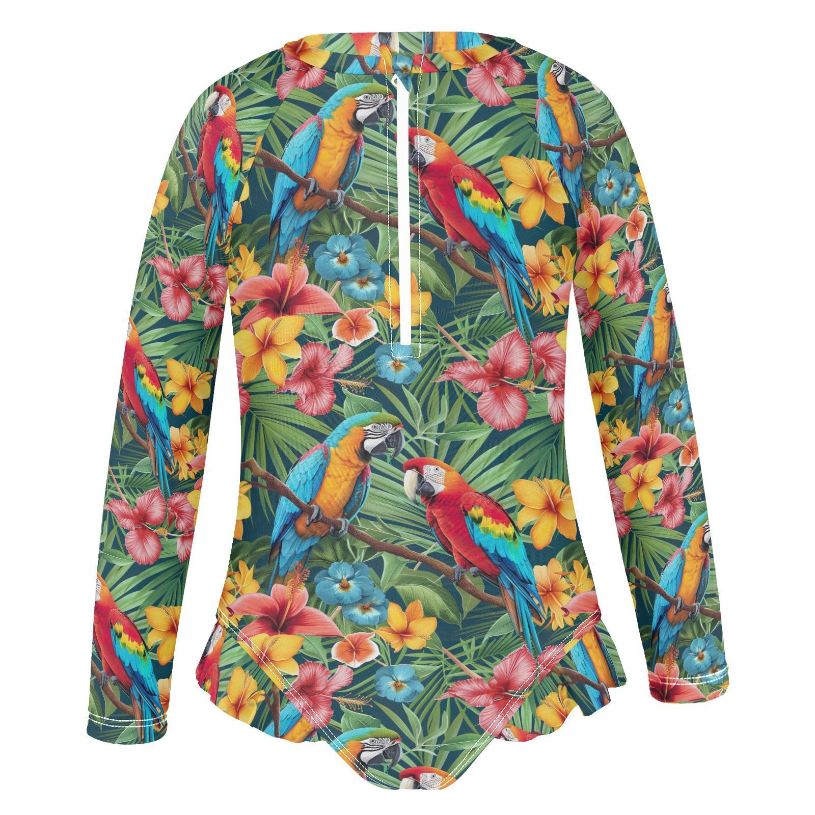 Colorful Parrot Floral Pattern Girls One Piece Swimsuits Ruffle Long Sleeve Rash Guard Bathing Suit UPF 50+ Swimwear for Toddler Kids Little Girls Fishing Swimming Outdoor 5-6T