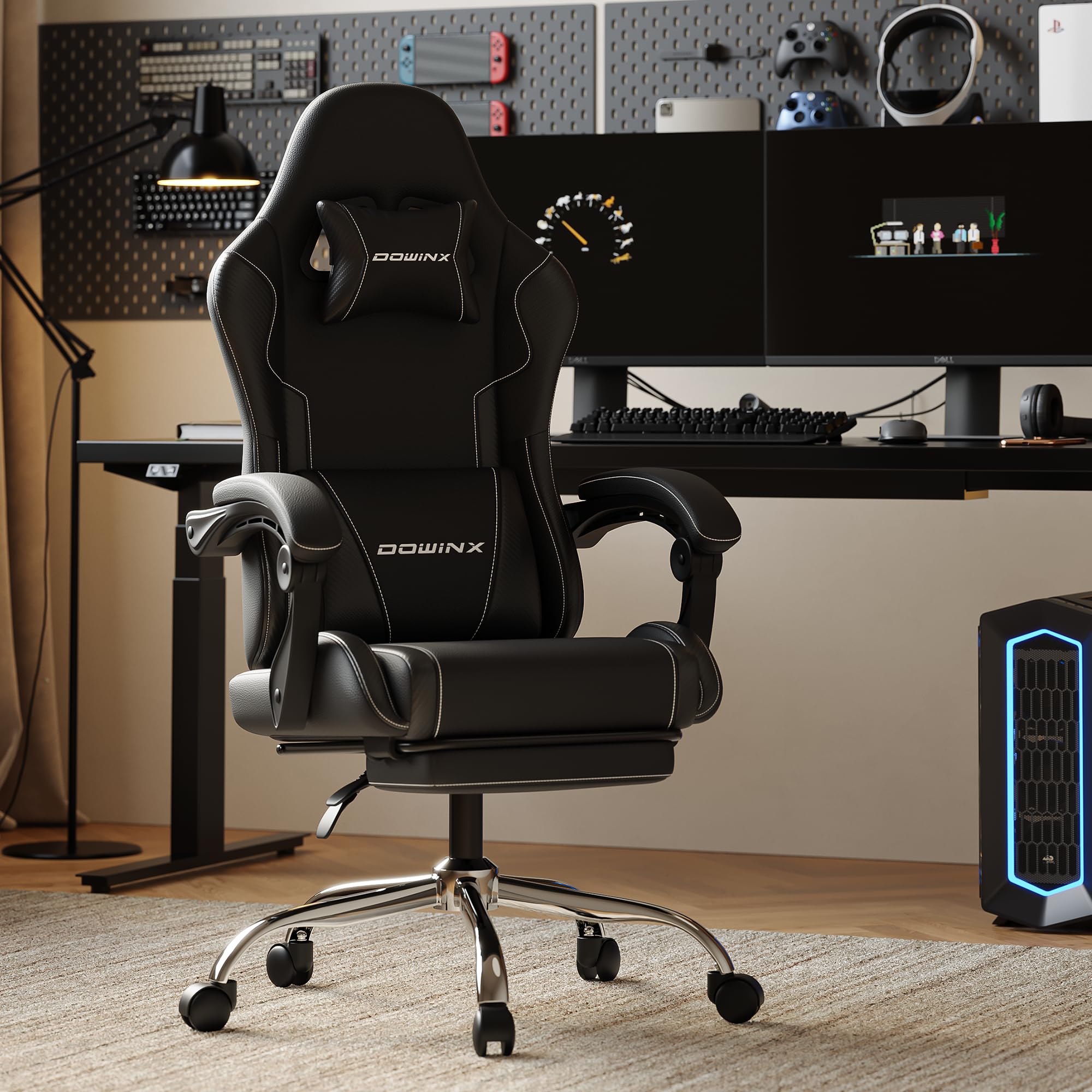 Dowinx - Chaise gaming - Ergonomique - Chaise de bureau pour gamer avec appuie-tête réglable, accoudoirs, et repose-pieds - Inclinaison du dossier réglable jusqu'à 150° - Charge maximale de 180 kg