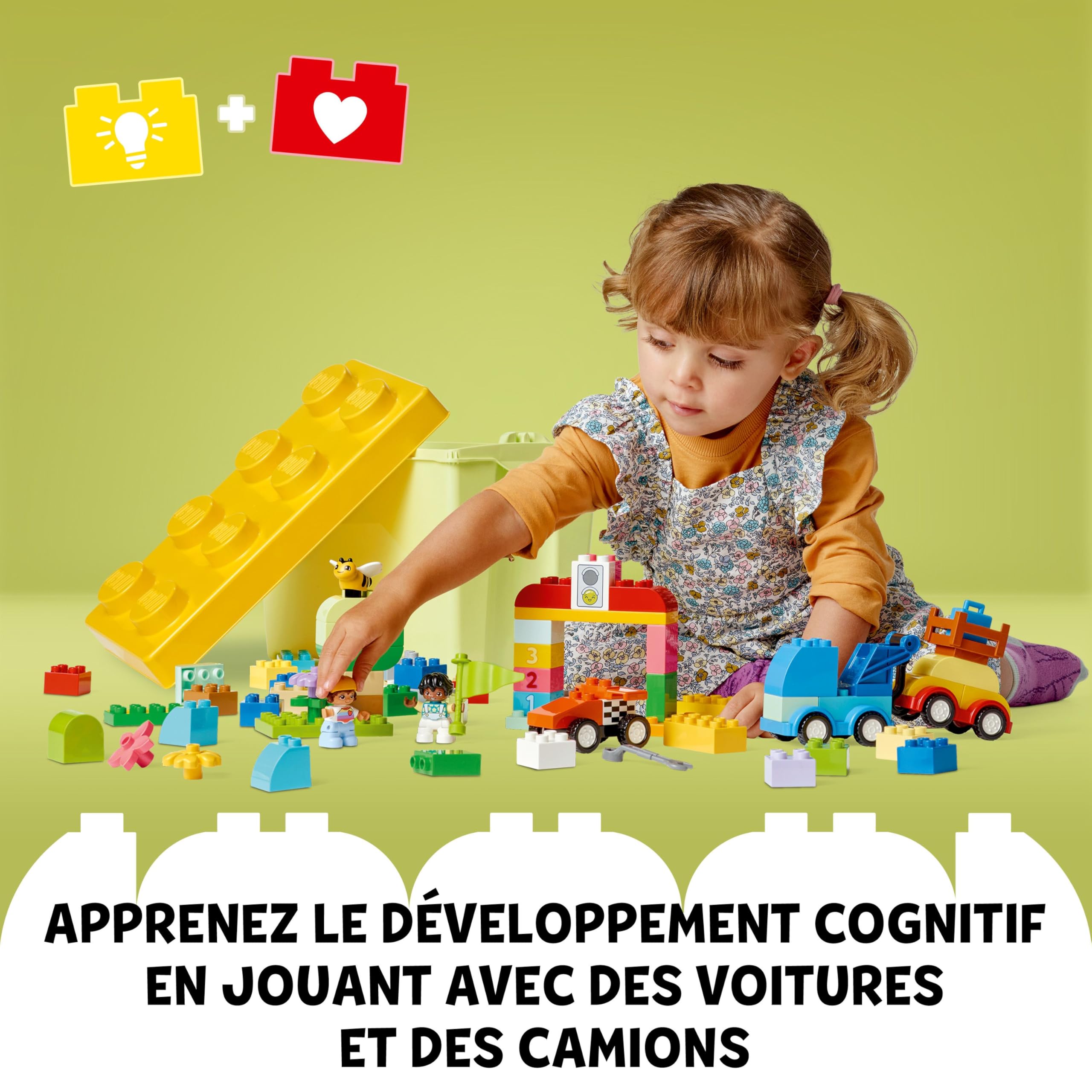 LEGO Duplo Classic La Boîte de Briques Voitures et Camions - Jouet Éducatif Garçon ou Fille dès 1 an - Jouet d'Éveil pour Bébé - Briques 1-2-3, 2 Figurines & 3 Véhicules sur Roues - Idée Cadeau 10439