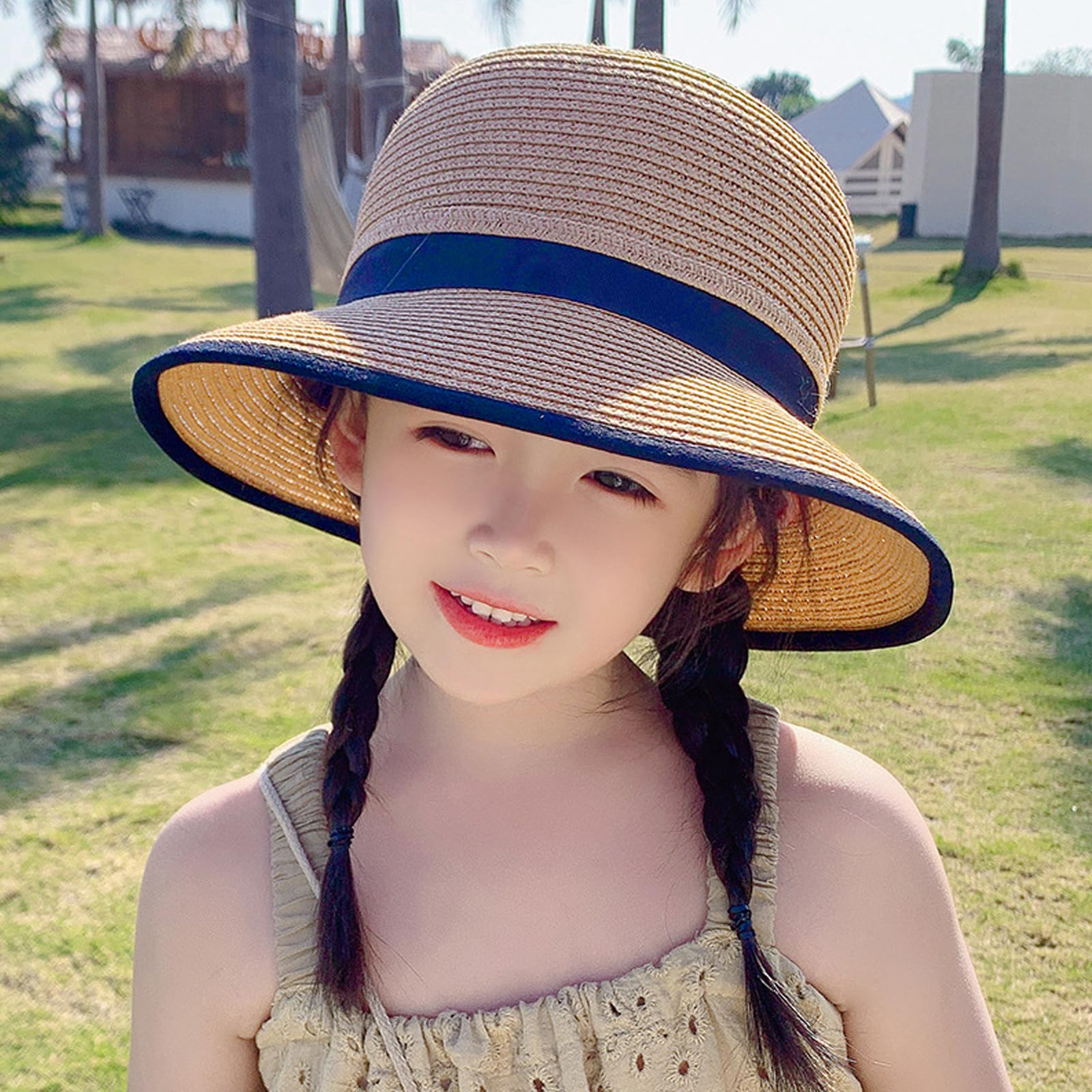 RUIXIA Chapeau de Paille pour Fille Large Bord avec Nœud Papillon Pliable d'été 3-8 Ans