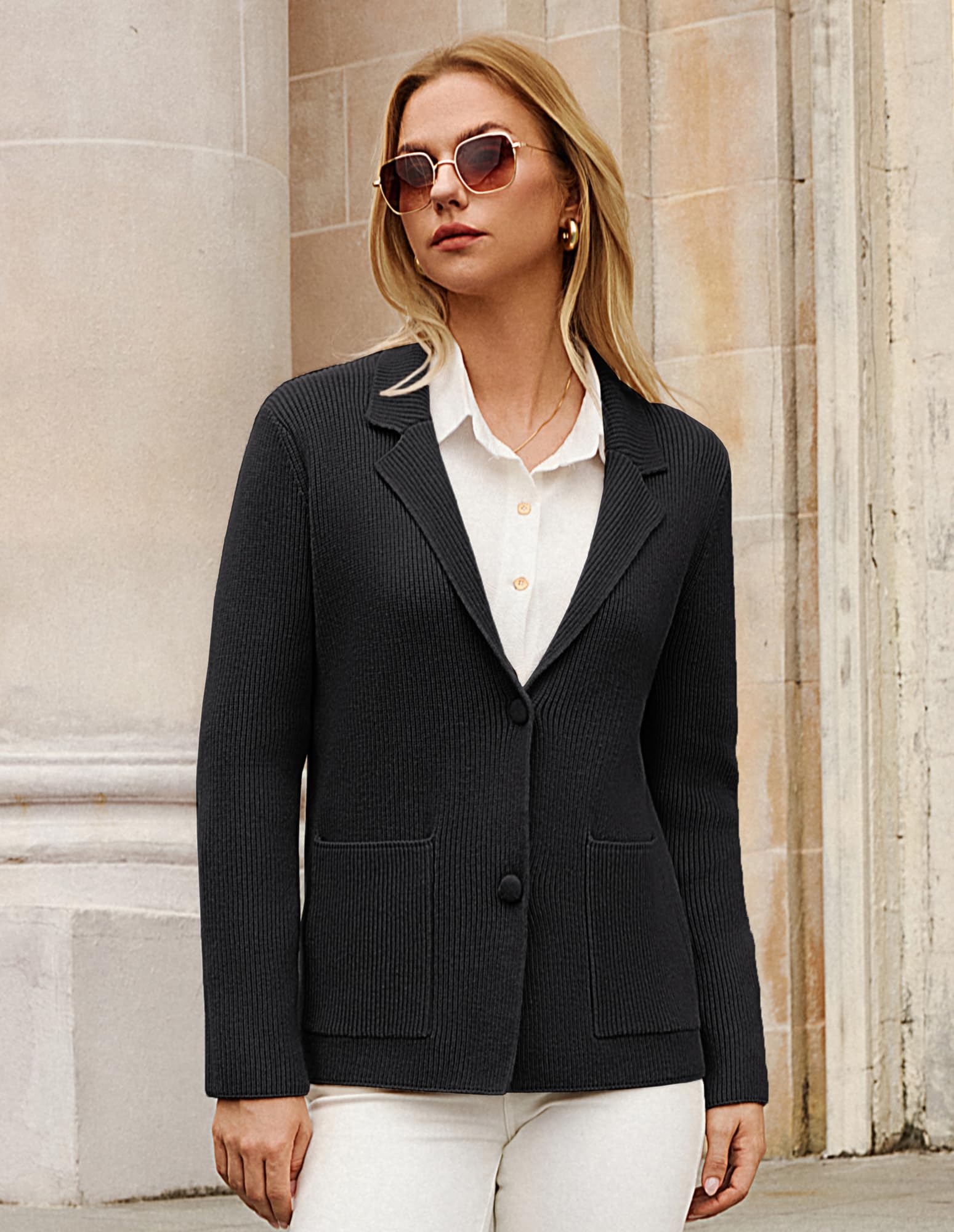 GRACE KARIN Cardigan da donna elegante a maglia a maniche lunghe, con colletto a risvolto, con bottoni