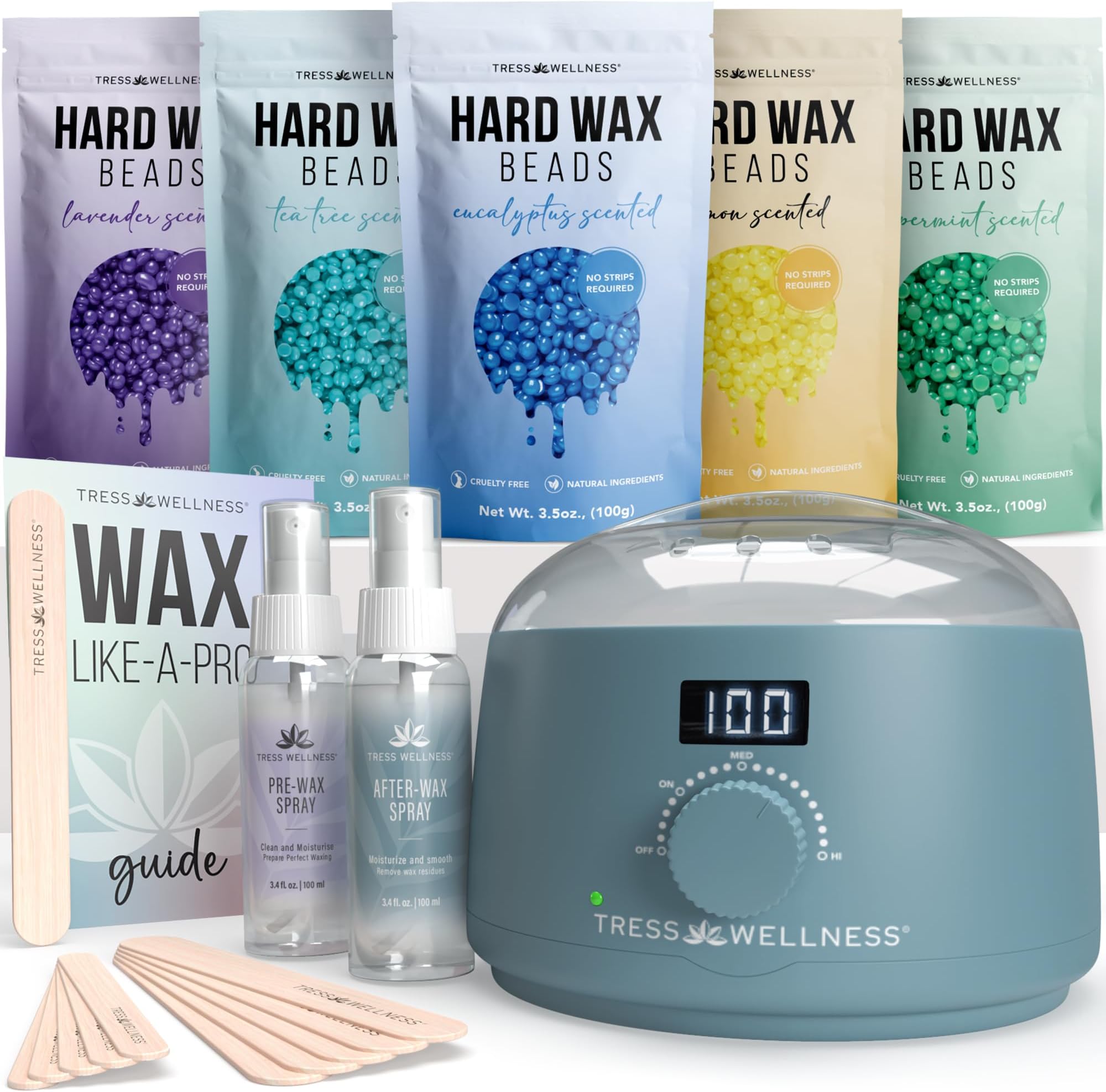 Tress Wellness Award Winning Waxing Kit for Sensitive Skin – Safe for Face & Skin, Easy to Use – At-Home Kit for Face, Bikini, Brazilian & Full Body - Digital Display, Blue