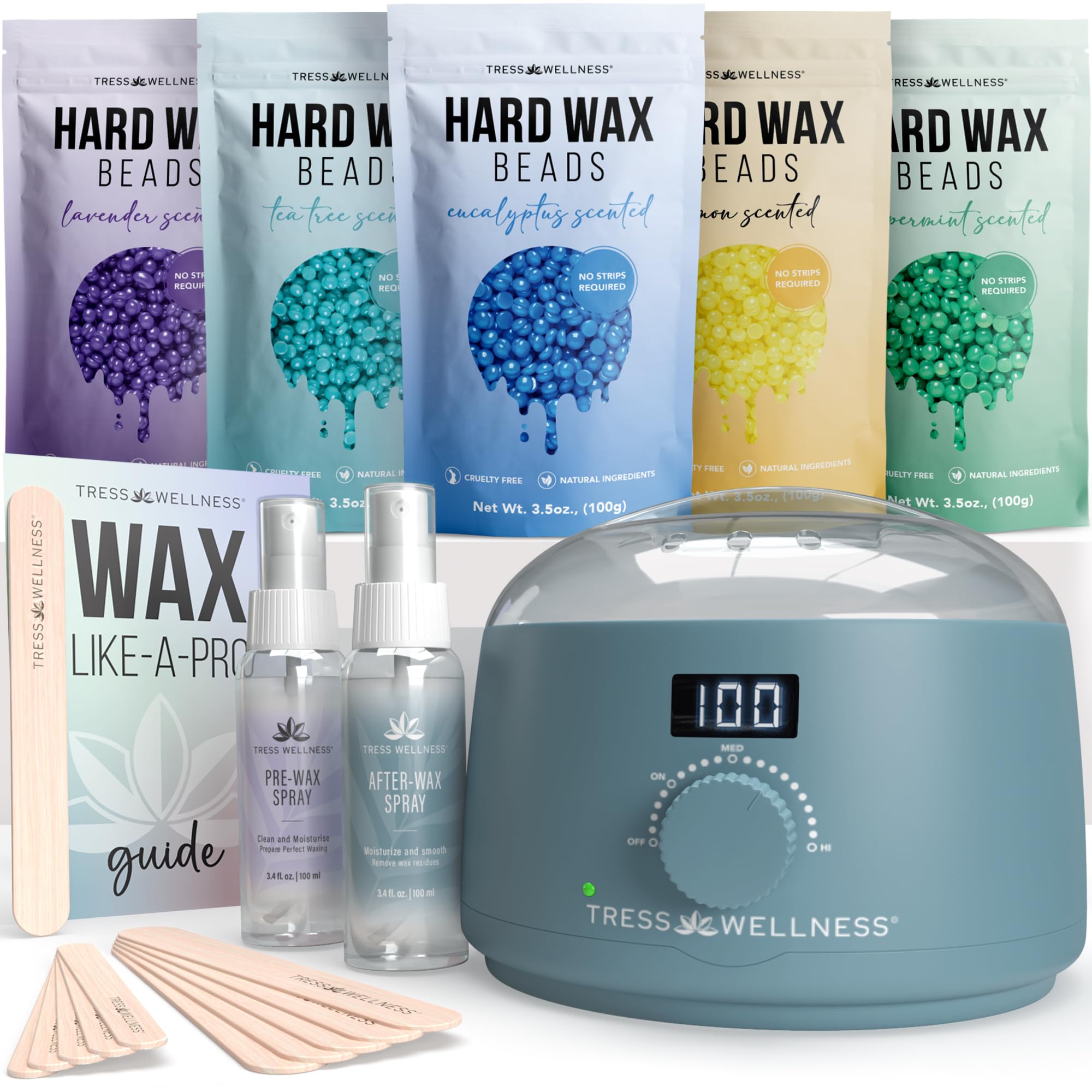Tress Wellness Waxing Kit for Sensitive Skin – Safe for Face & Skin, Prep & Aftercare Spray, Easy to Use – At-Home Kit for Face, Bikini, Brazilian & Full Body - Digital Display, Blue
