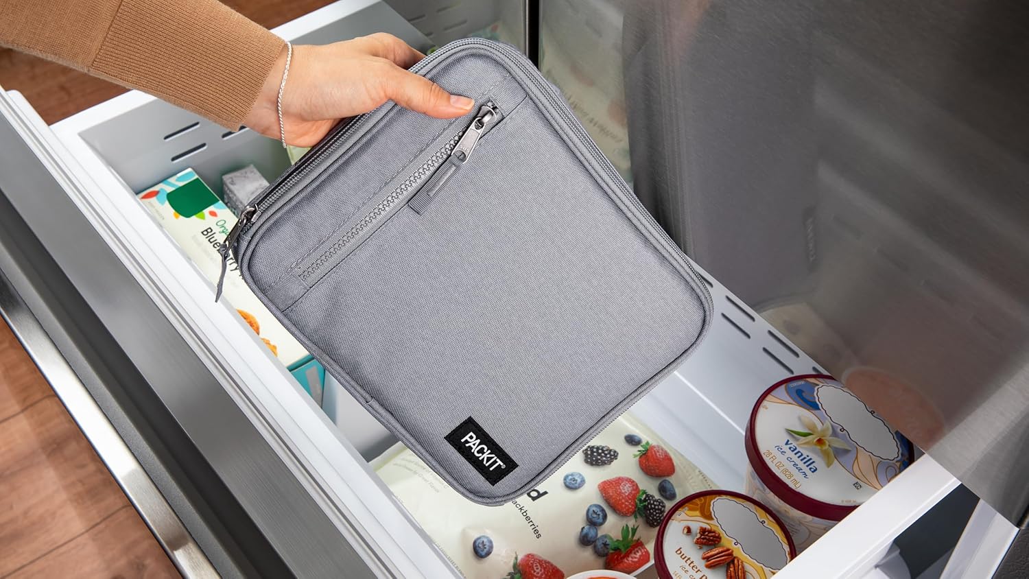 PackIt(R) Freezable Classic Lunch Box, Gray Fog, Built with EcoFreeze(R) Technology, Collapsible, Reusable, Zip Closure With Front Pocket and Buckle Handle, For Work Lunches and Fresh Lunch On the Go