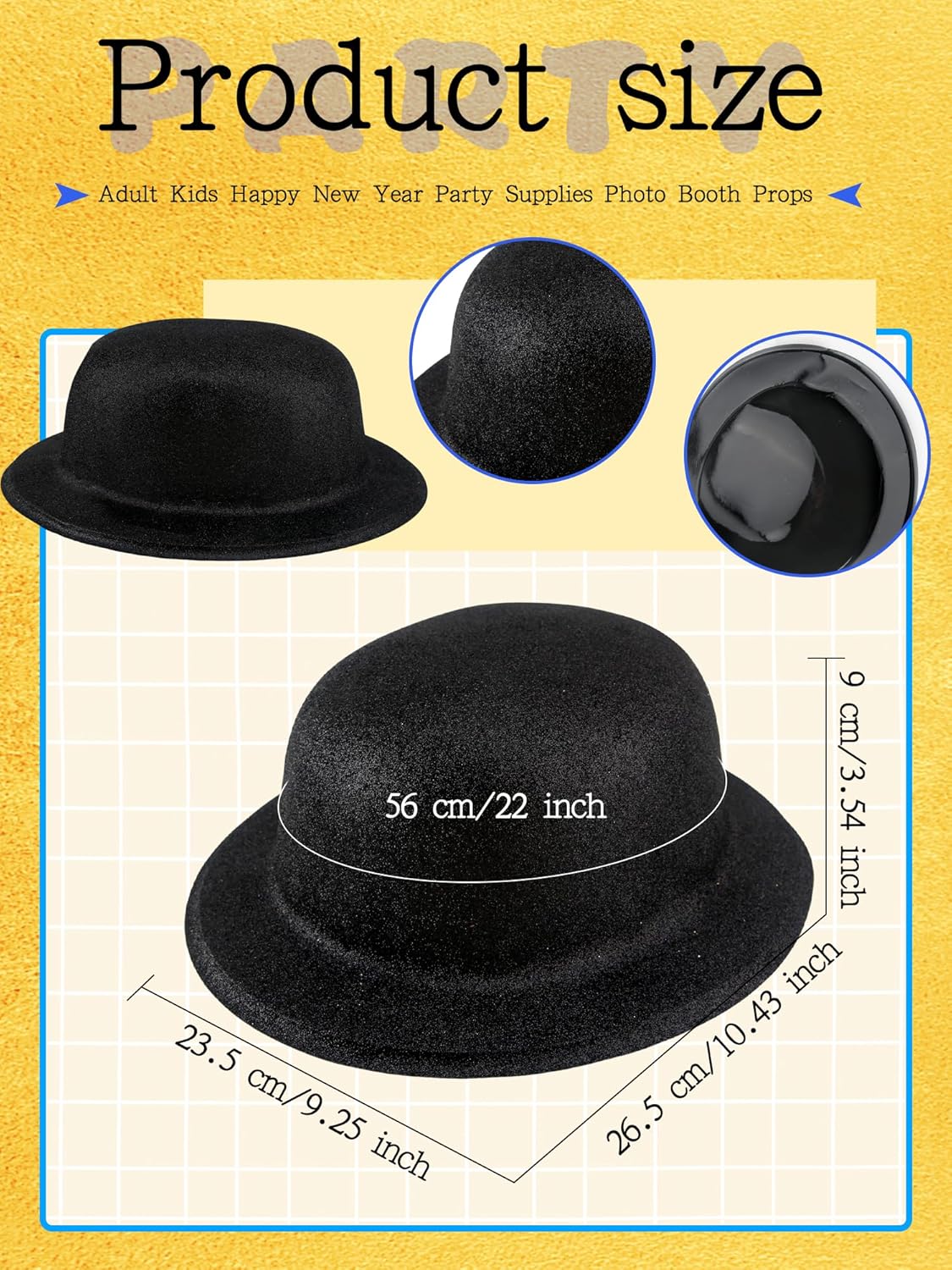 15 Pcs Black Glitter Bowler Hats Derby Bowler Hat Plastic Deluxe Costume Hats for Adults Kids Halloween Cosplay Party Costume Accessory - Image 2