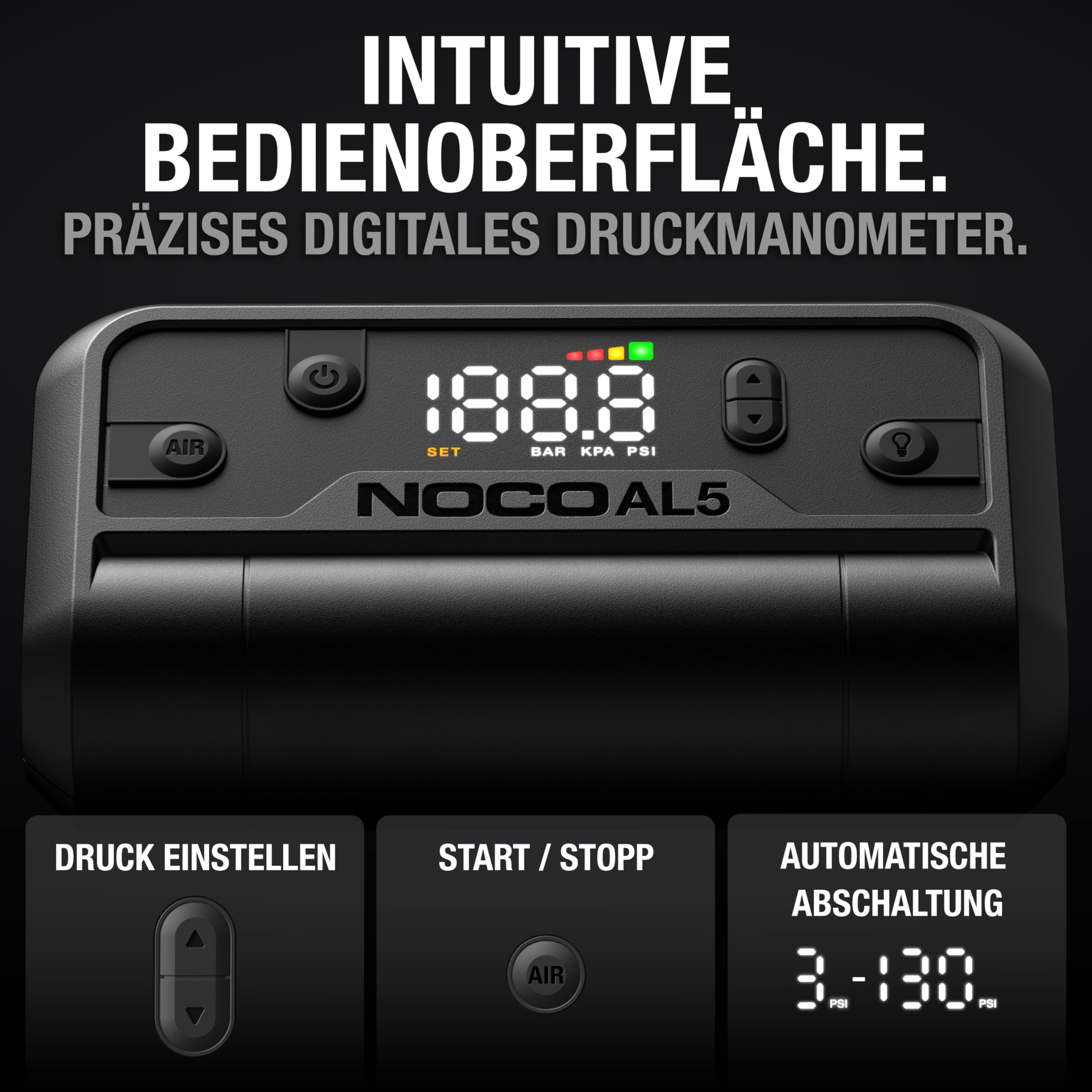 NOCO Air AL5: UltraSchnelle 5A Akku-Luftpumpe – Tragbarer Akku-Kompressor – 17 SLPM Luftstrom, 0–40 PSI in 7 Min – Digitales Manometer + automatische Abschaltung