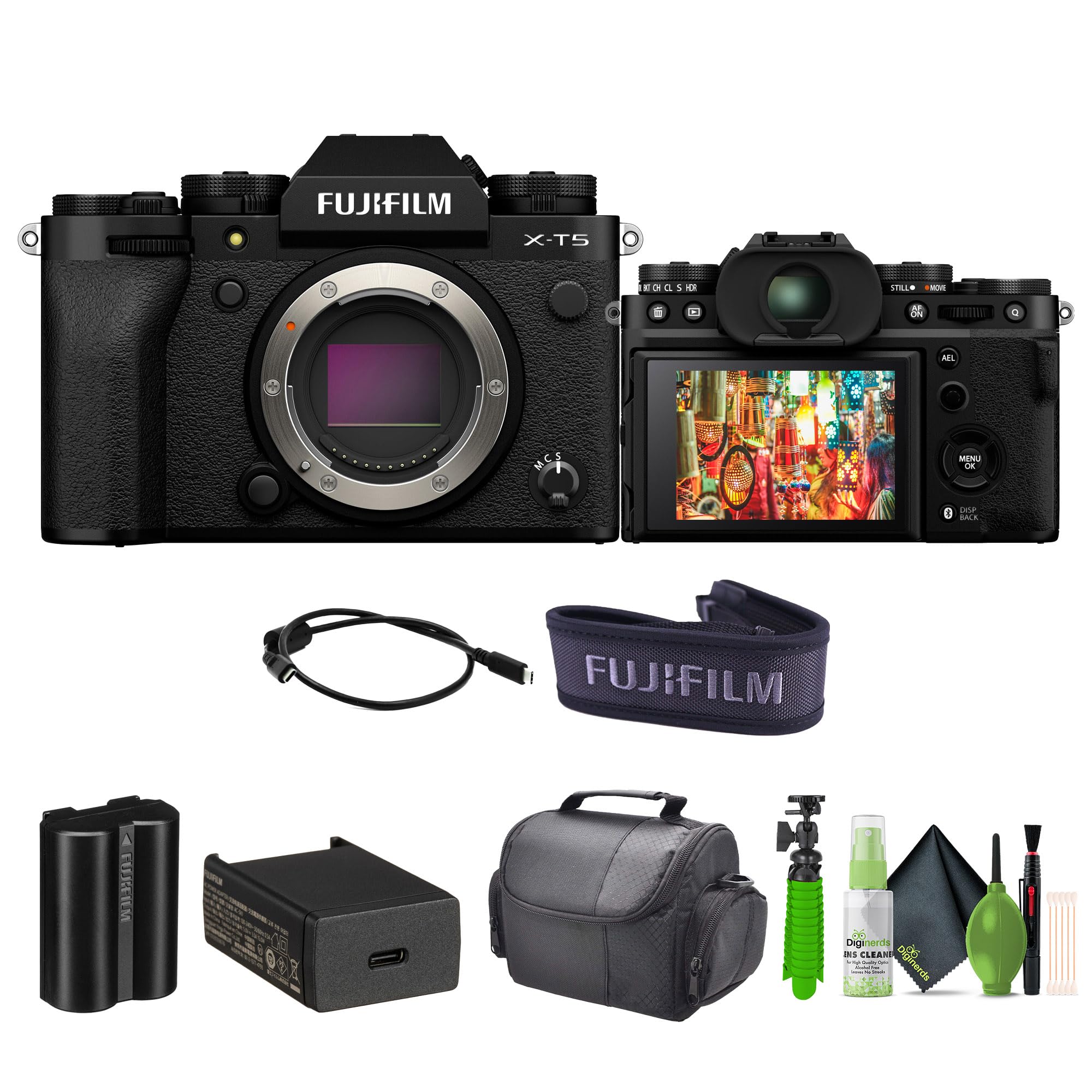 Fujifilm X-T5 Mirrorless Digital Camera Body - Black Bundle with Cleaning kit + 12 Inch Flexible Vlogging Tripod + Travel Camara Bag