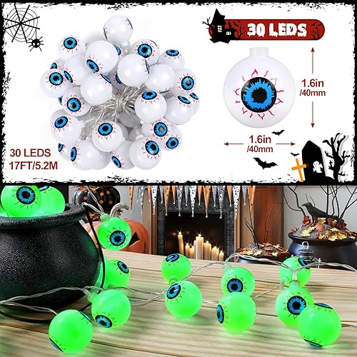 Miniatura 6 de Decoraciones de Halloween de 19.7 pies, 40 luces LED de globo ocular con temporizador remoto funciona con pilas, 8 modos de luz, decoración de