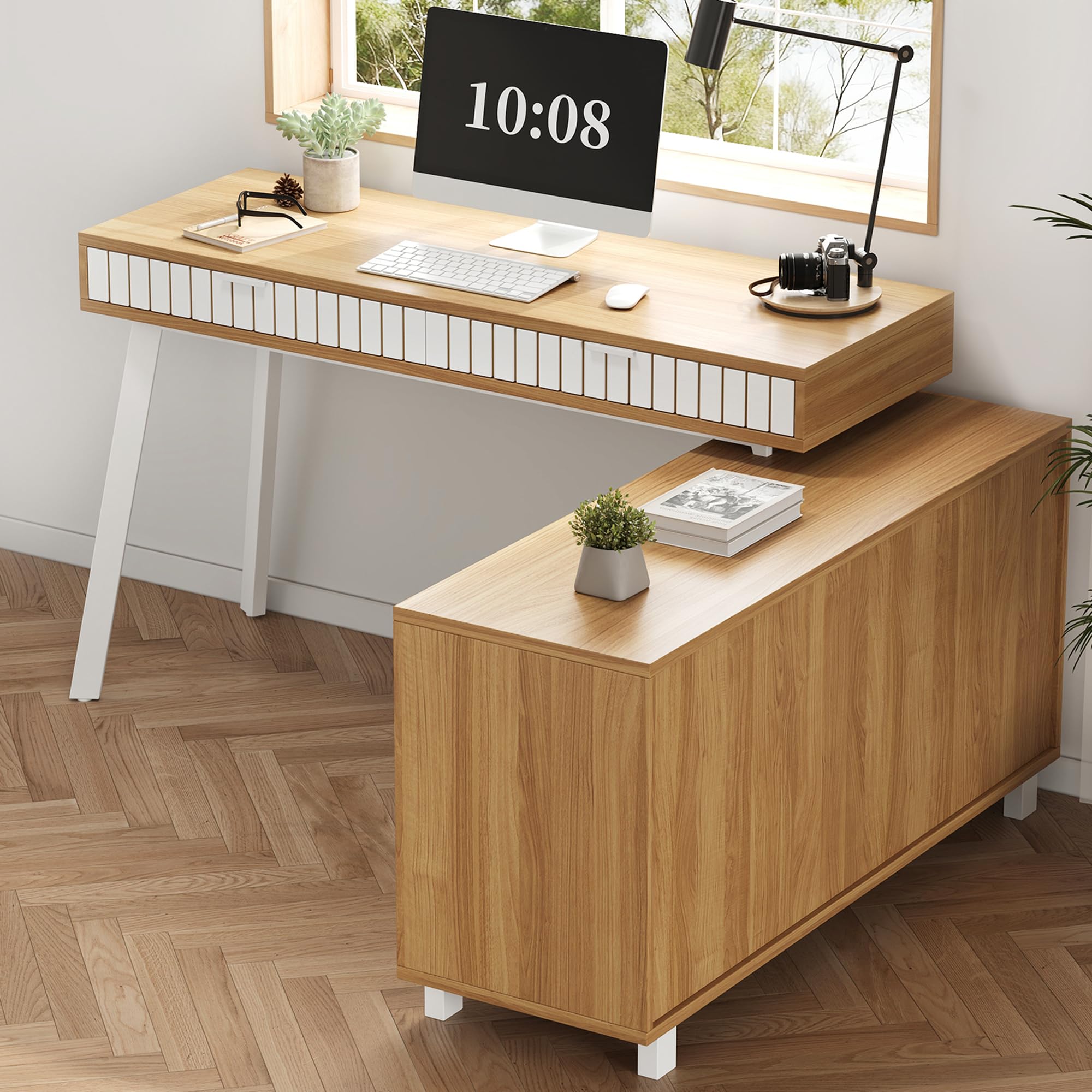 BTM Eckschreibtisch mit Stauraum L Form Schreibtisch mit Schubladen und Schrank, Computertisch Bürotisch Naturfarbe + Weiß