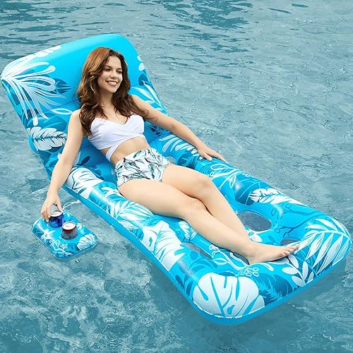 Jasonwell Inflatable Pool Float Adult - Pool Floaties Lounger Floats Floating Chair Raft with Adjustable Backrest Cup Holders Water Floaty Lake Lounge Tanning Floats Beach Party Toys for Adults (Blue)