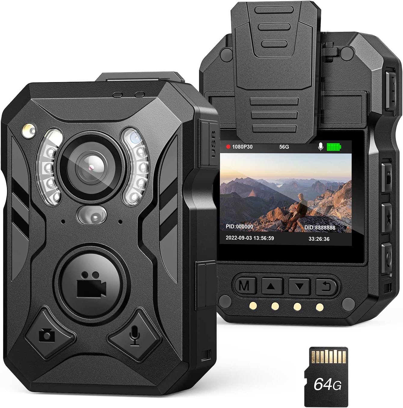WD4 1296P Body Worn Camera, 64G 128G Body Worn Cam Built-in 3600mAh Battery, One Click Body Wearable Cam with 13 Hours Recording, Clear Night Vision for Outdoor/Sport/Car (64G)